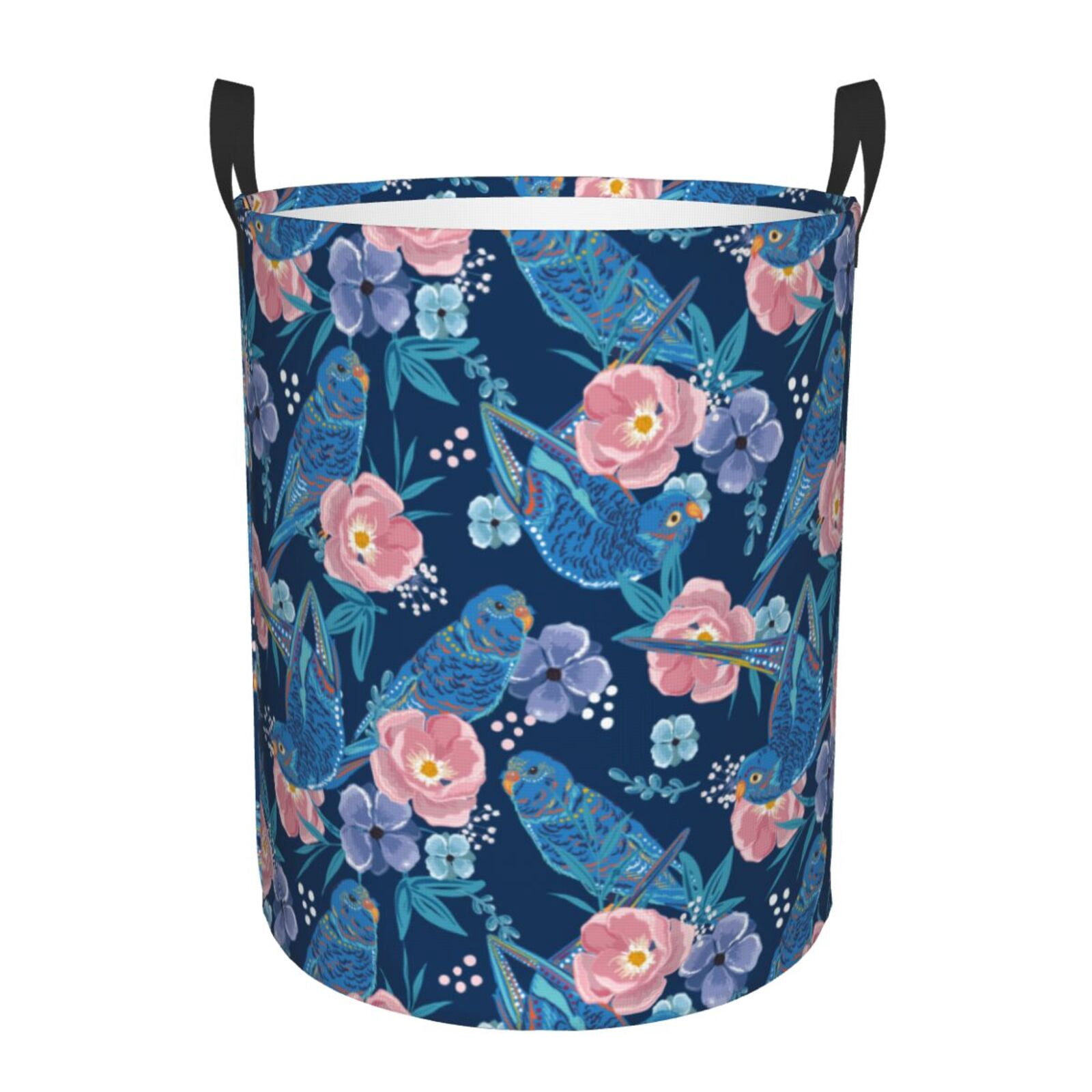 Large Laundry Basket with Handles - Classic Blue Cute Parrot Flower Kids Baby Dirty Clothes Laundry Hamper for Bedroom Aesthetic