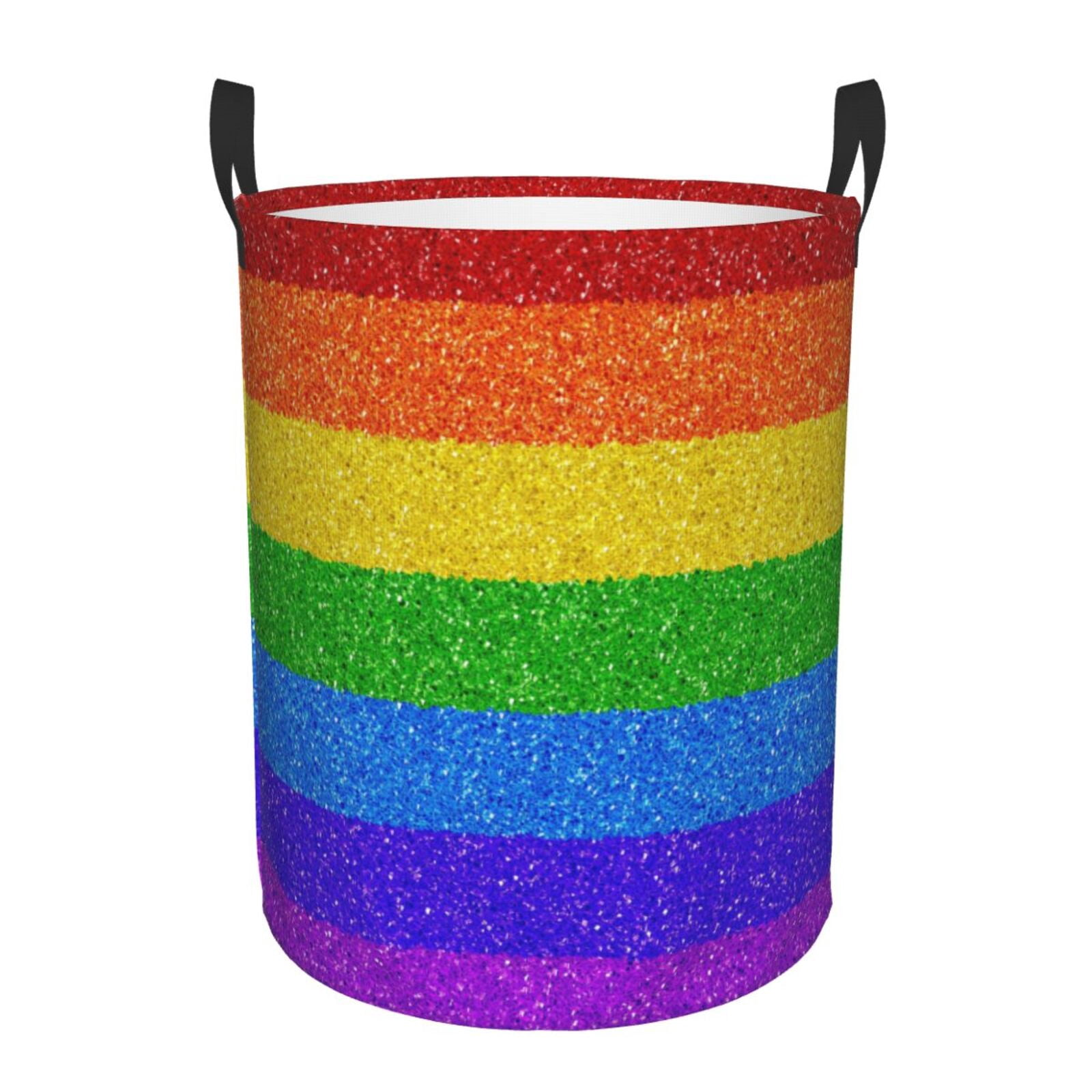 Large Laundry Basket with Handles - Colorful Glitter Rainbow Kids Baby Dirty Clothes Laundry Hamper for Bedroom Aesthetic