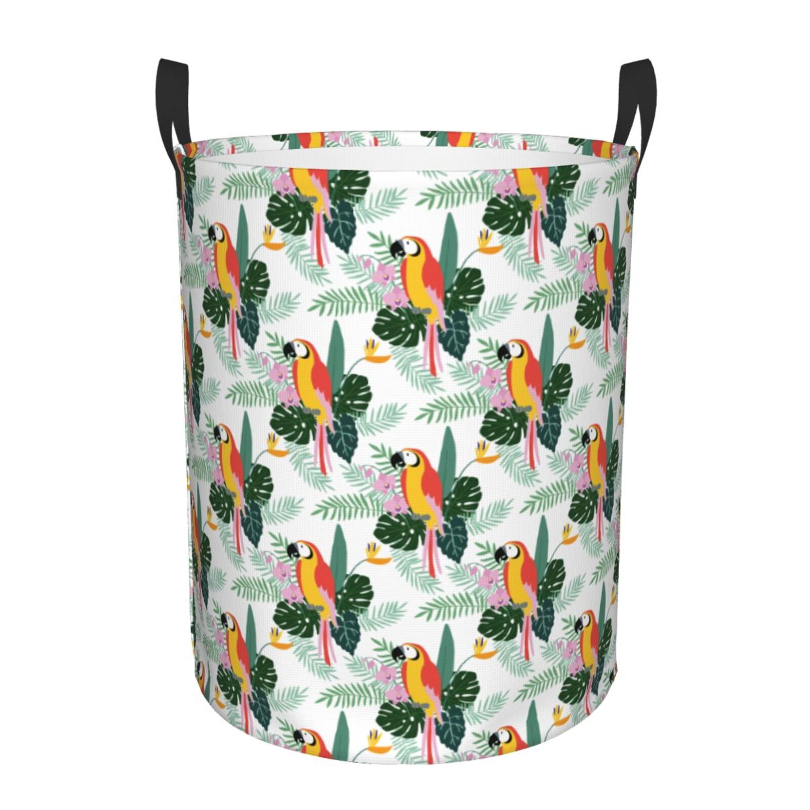 Large Laundry Basket with Handles - Colorful Parrot Flower Palm Leaf Kids Baby Dirty Clothes Laundry Hamper for Bedroom Aesthetic