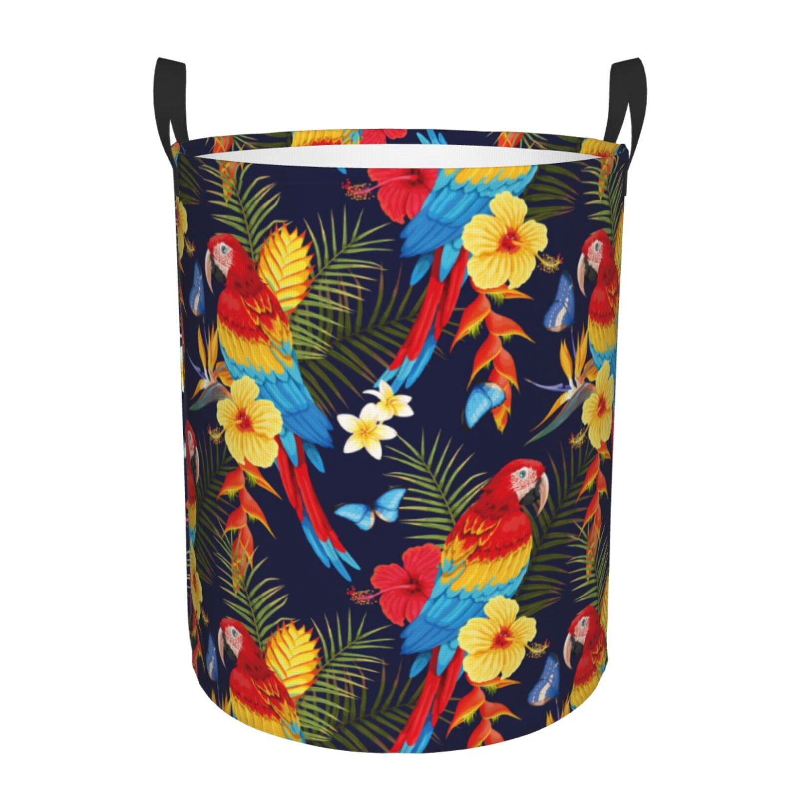 Large Laundry Basket with Handles - Colorful Parrot Flower Palm Leaves Kids Baby Dirty Clothes Laundry Hamper for Bedroom Aesthetic