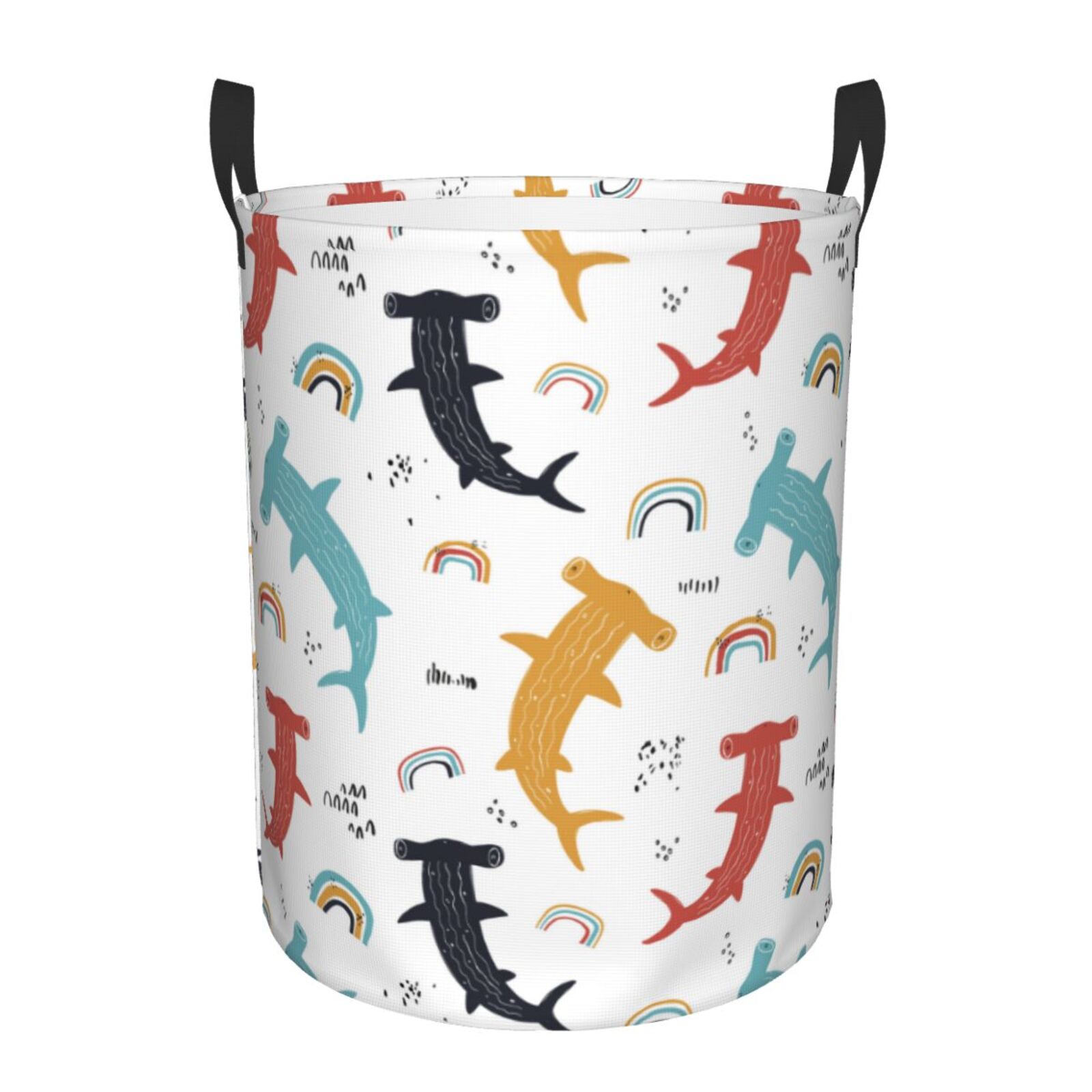 Large Laundry Basket with Handles - Colorful Rainbow Hammerhead Shark Kids Baby Dirty Clothes Laundry Hamper for Bedroom Aesthetic