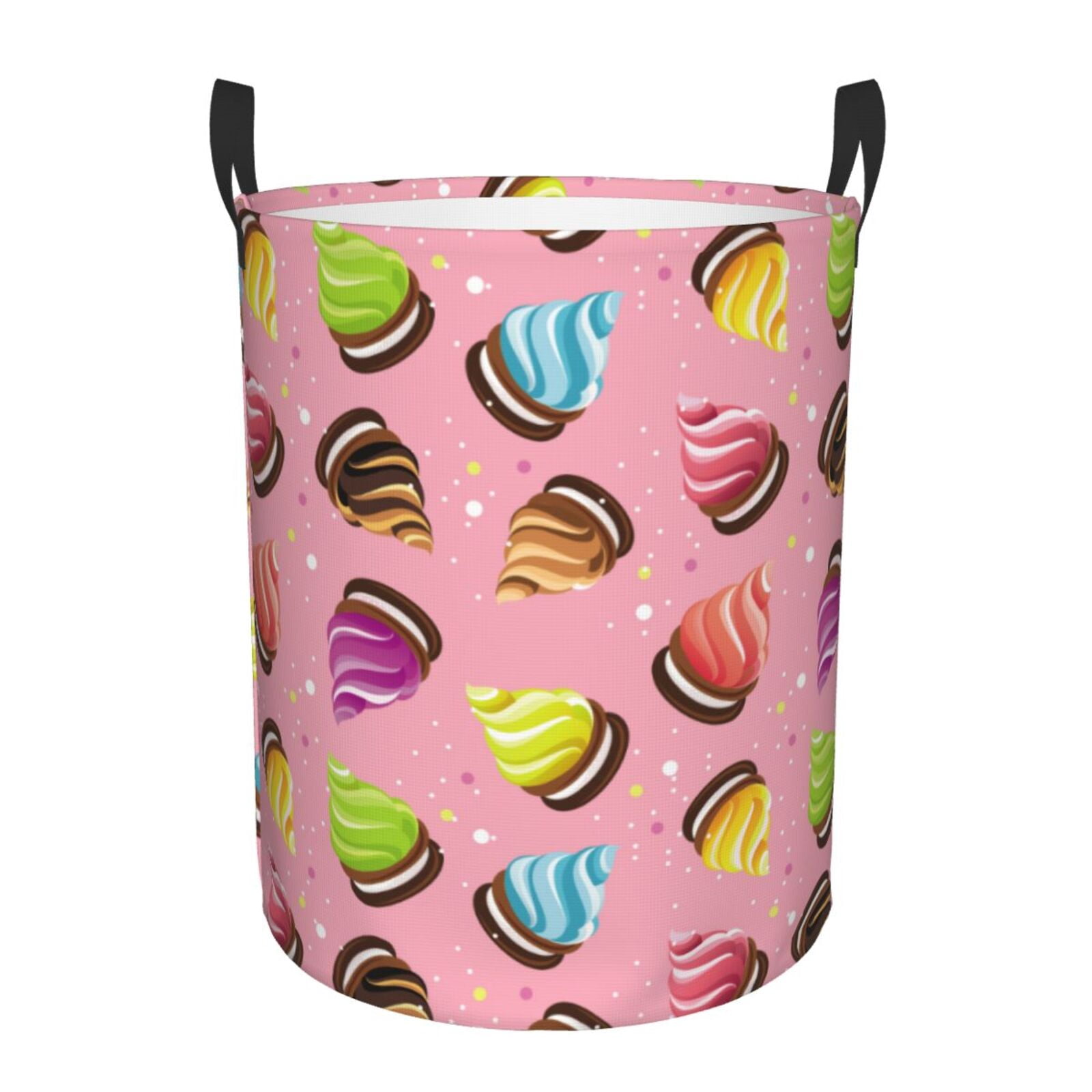 Large Laundry Basket with Handles - Colourful Ice Cream Print Pink Kids Baby Dirty Clothes Laundry Hamper for Bedroom Aesthetic