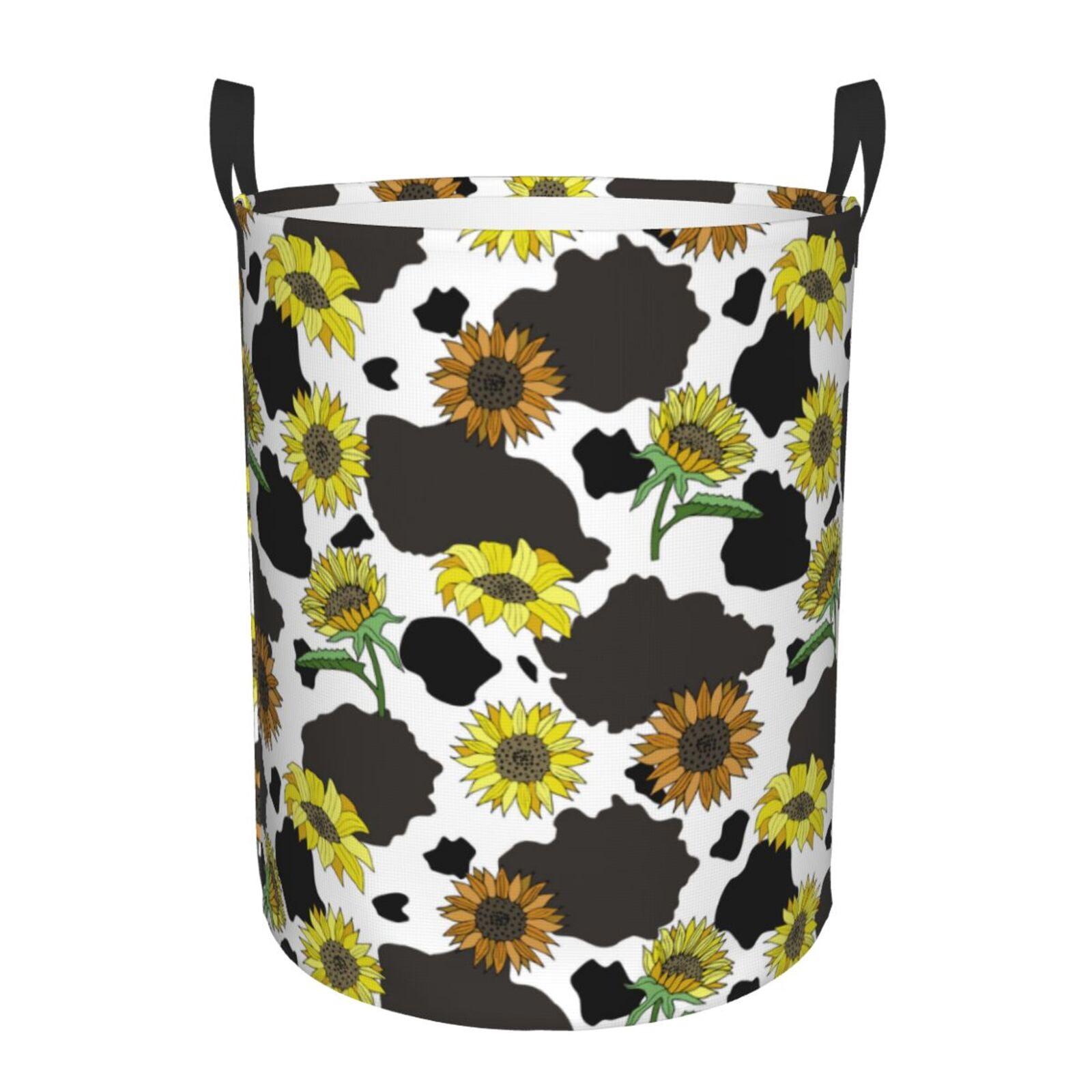 Large Laundry Basket with Handles - Cow Print Sunflowers Black White Kids Baby Dirty Clothes Laundry Hamper for Bedroom Aesthetic