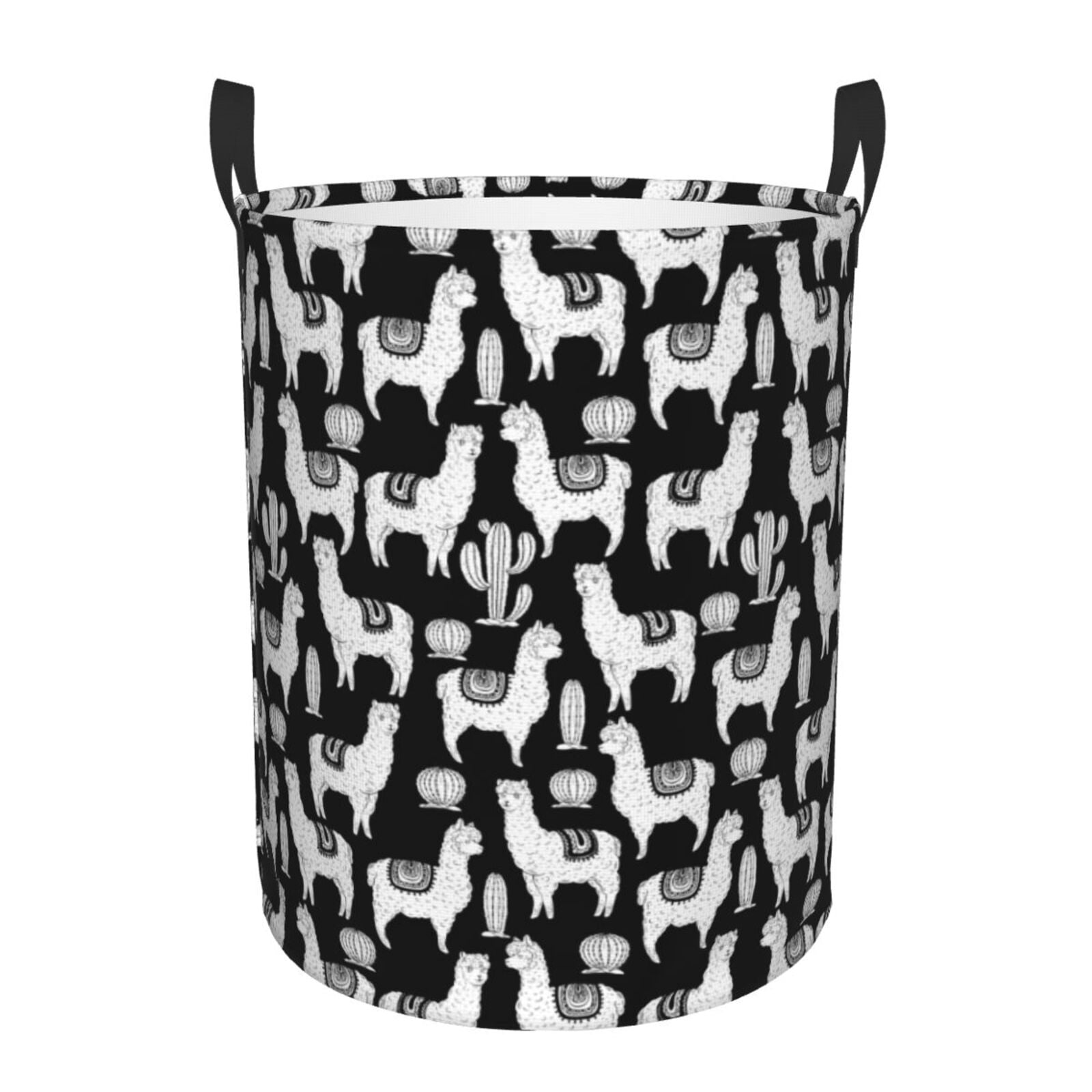 Large Laundry Basket with Handles - Cute Alpaca Cactus Black White Kids Baby Dirty Clothes Laundry Hamper for Bedroom Aesthetic