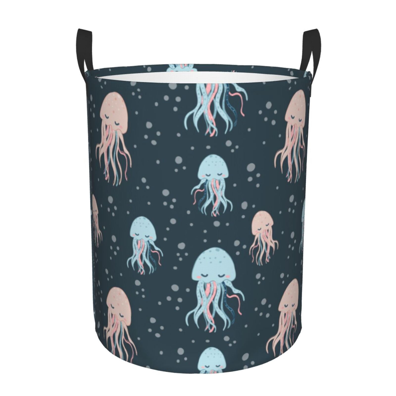 Large Laundry Basket with Handles - Cute Blue Pink Jellyfish Kids Baby Dirty Clothes Laundry Hamper for Bedroom Aesthetic