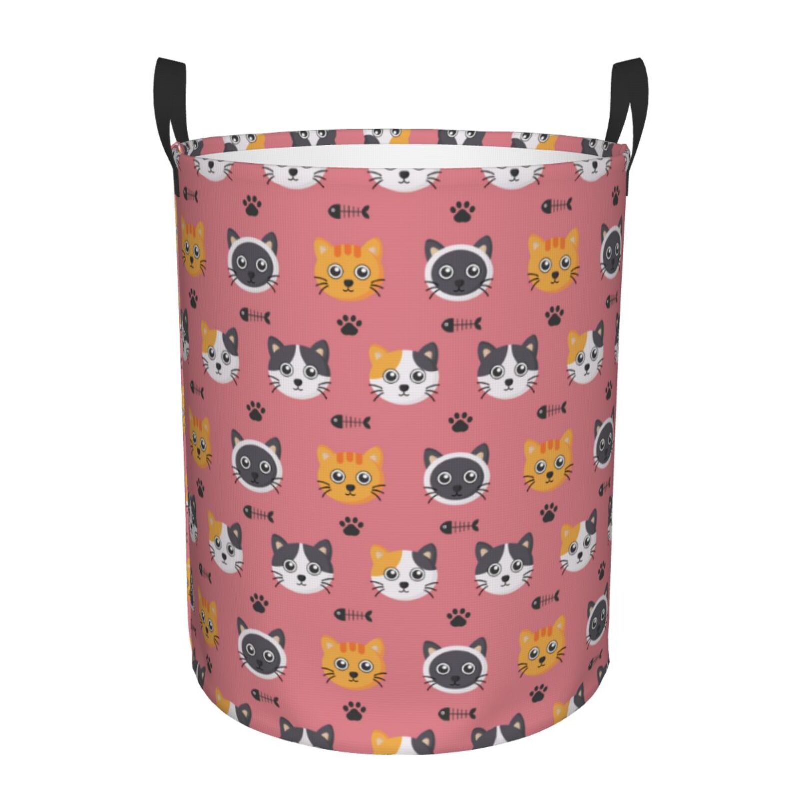Large Laundry Basket with Handles - Cute Cartoon Cat Fishbone Kids Baby Dirty Clothes Laundry Hamper for Bedroom Aesthetic