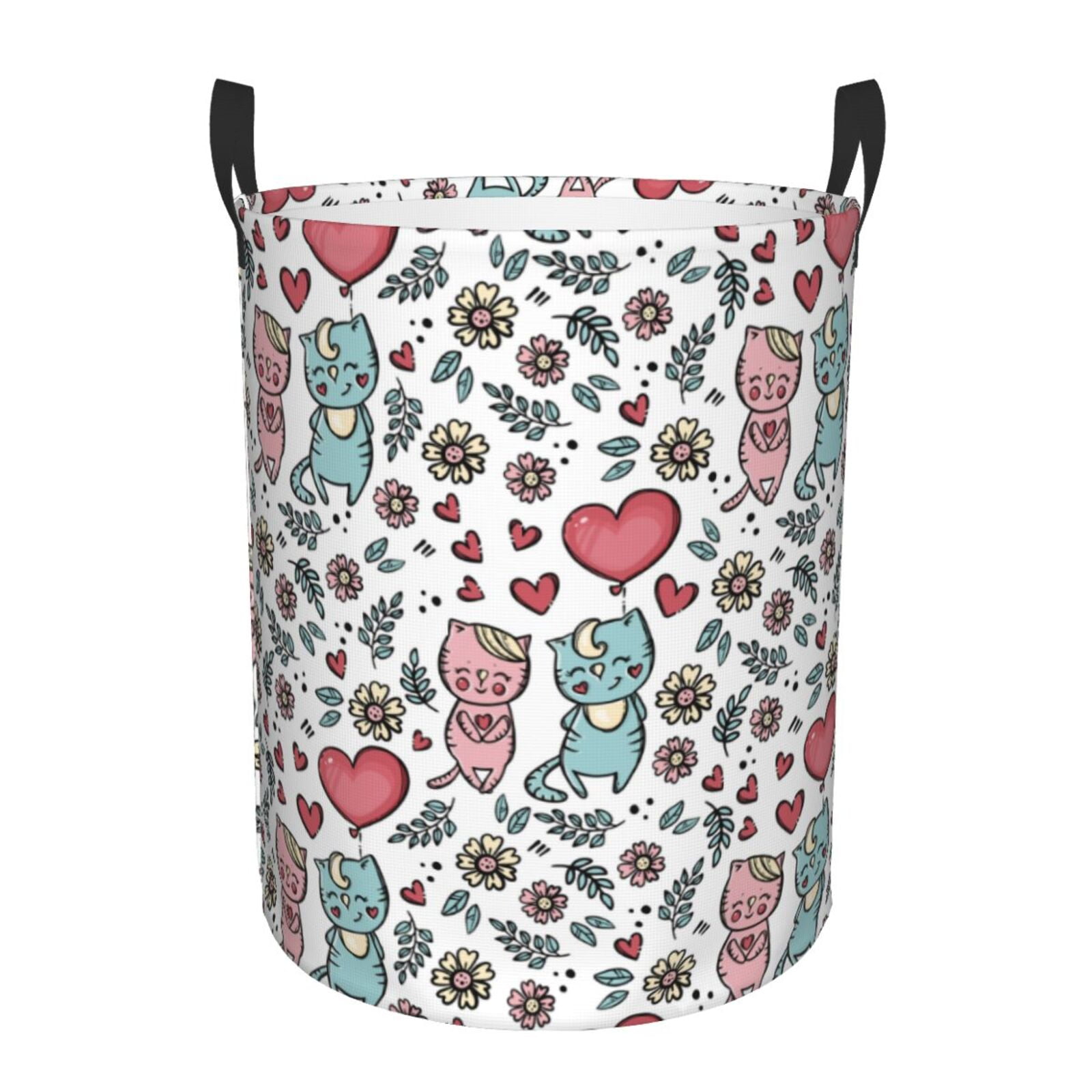 Large Laundry Basket with Handles - Cute Cartoon Couple Cat Heart Kids Baby Dirty Clothes Laundry Hamper for Bedroom Aesthetic