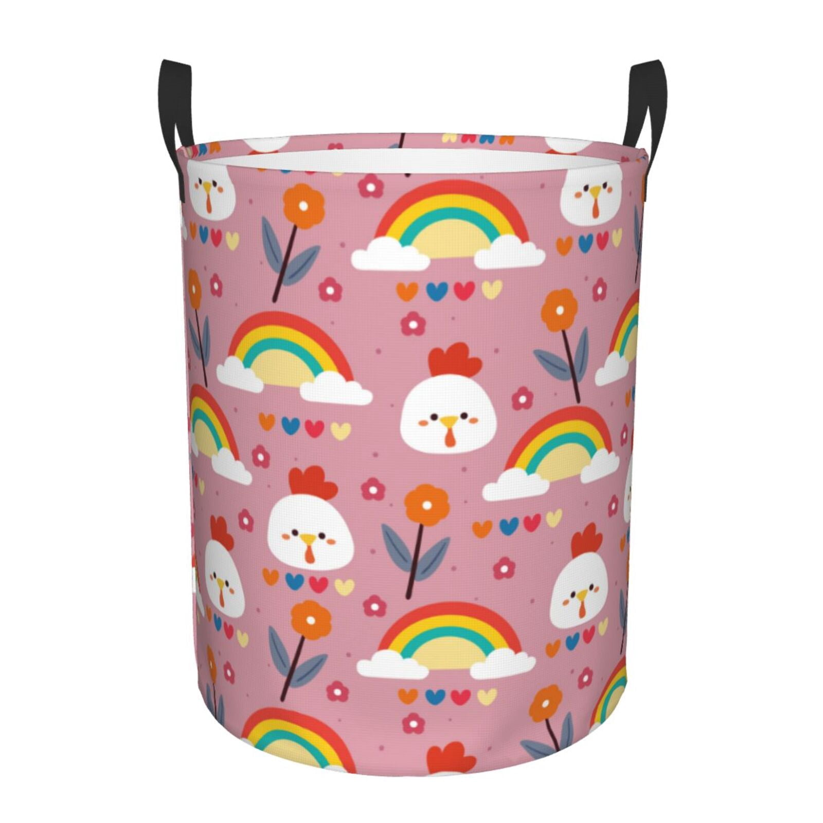 Large Laundry Basket with Handles - Cute Chicken Rainbow Flower Love Kids Baby Dirty Clothes Laundry Hamper for Bedroom Aesthetic