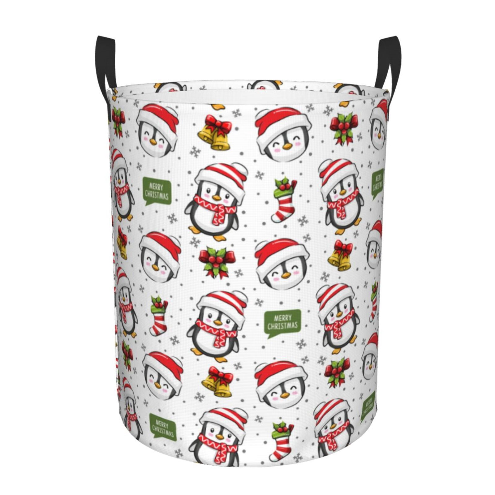 Large Laundry Basket with Handles - Cute Christmas Hat Penguin A Kids Baby Dirty Clothes Laundry Hamper for Bedroom Aesthetic
