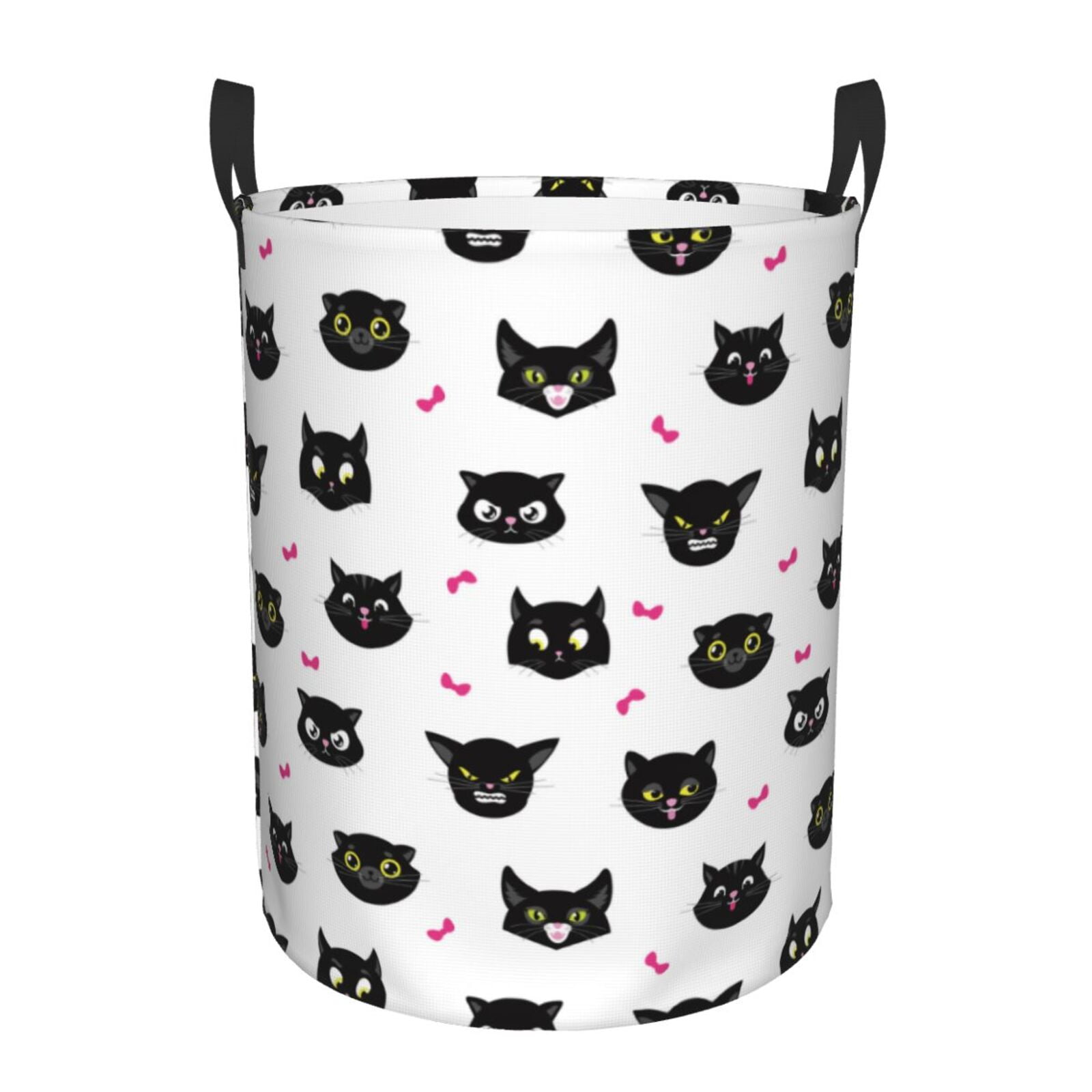 Large Laundry Basket with Handles - Cute Expression Cartoon Cat Black Kids Baby Dirty Clothes Laundry Hamper for Bedroom Aesthetic
