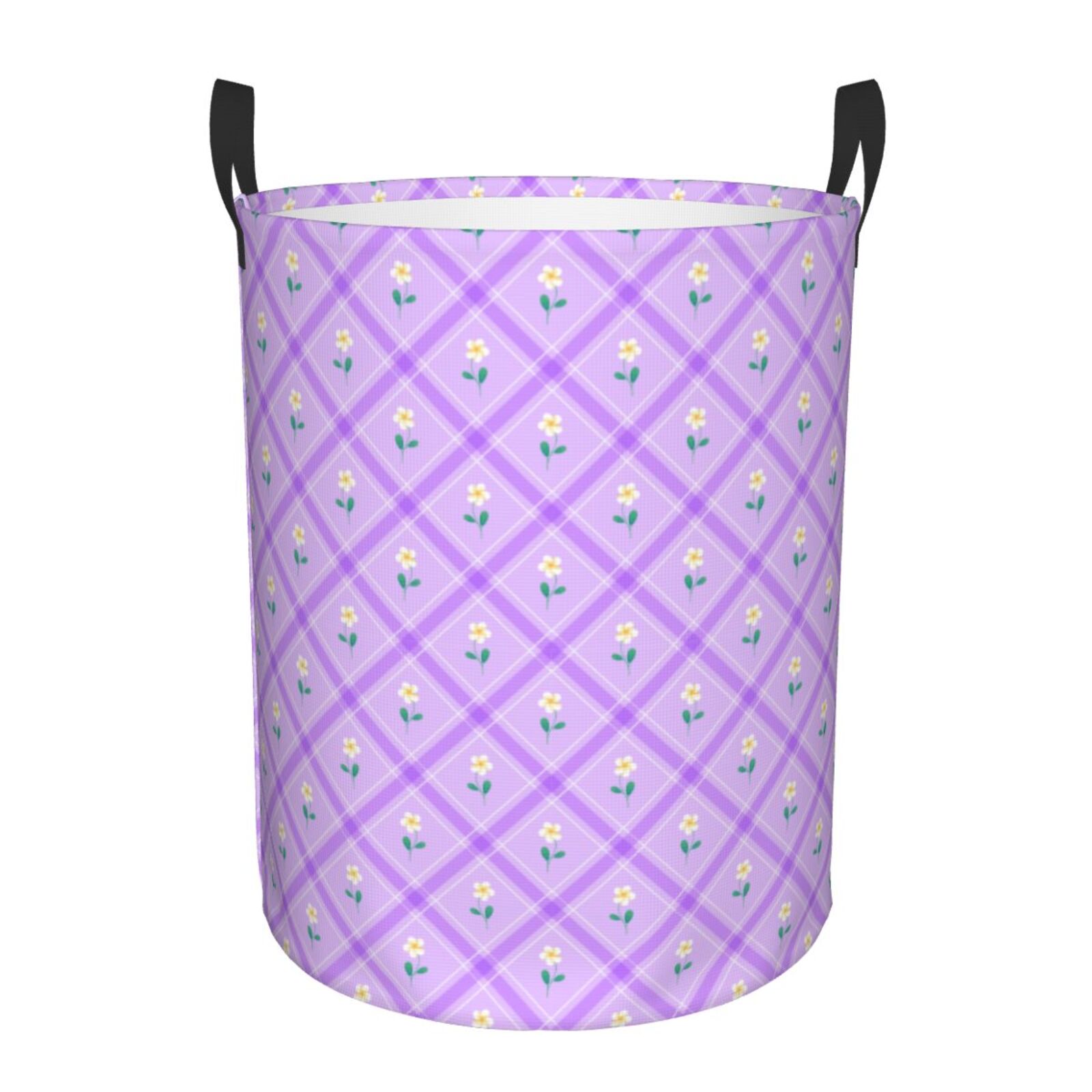 Large Laundry Basket with Handles - Cute Frangipani Lilac Checkered Kids Baby Dirty Clothes Laundry Hamper for Bedroom Aesthetic