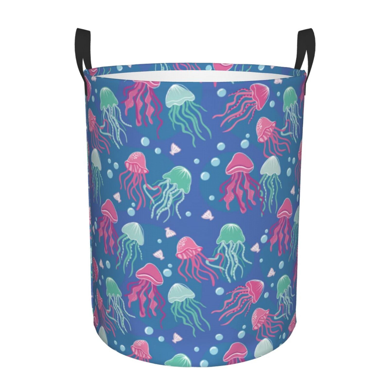 Large Laundry Basket with Handles - Cute Green Pink Jellyfish Kids Baby Dirty Clothes Laundry Hamper for Bedroom Aesthetic