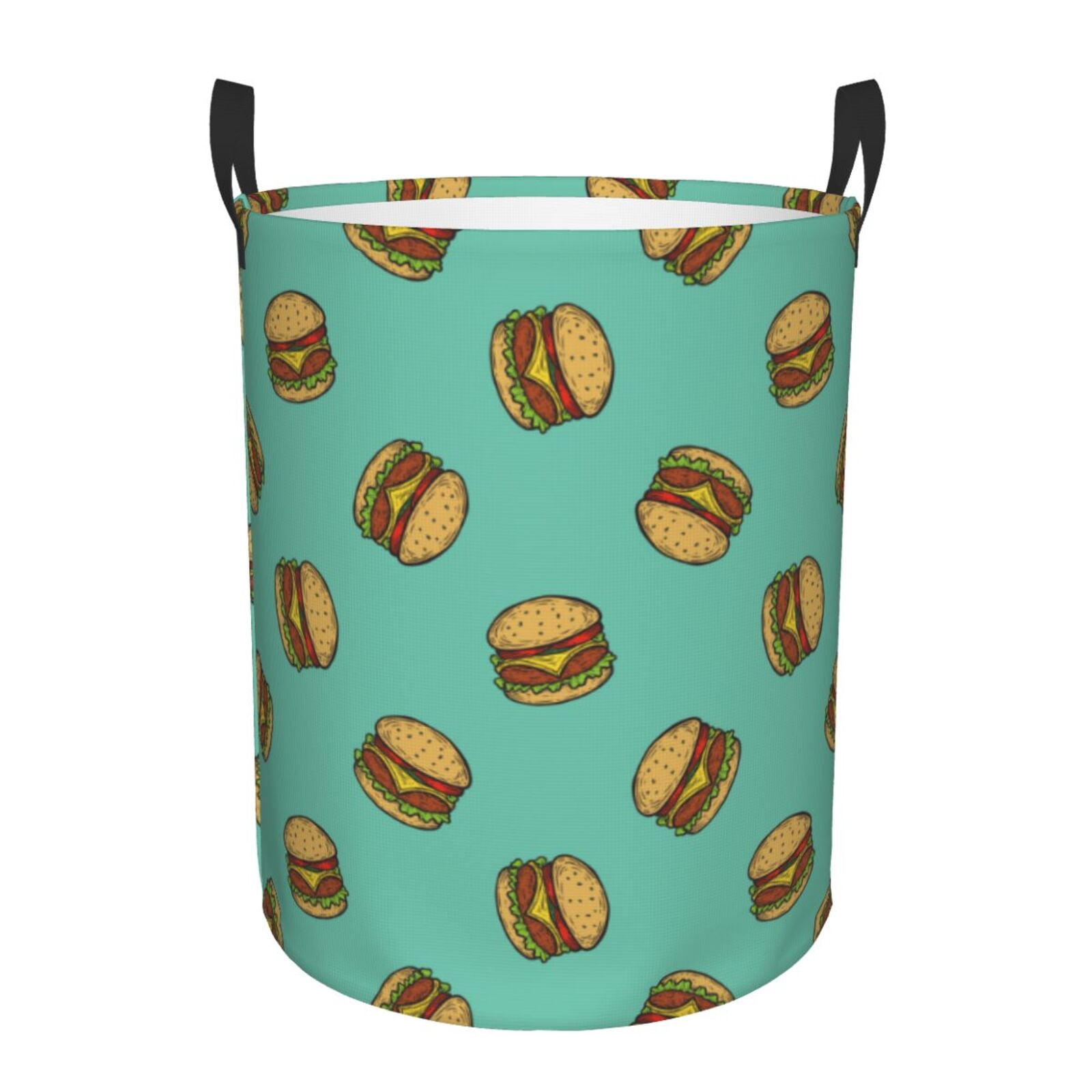 Large Laundry Basket with Handles - Cute Hamburger Teal Blue Kids Baby Dirty Clothes Laundry Hamper for Bedroom Aesthetic