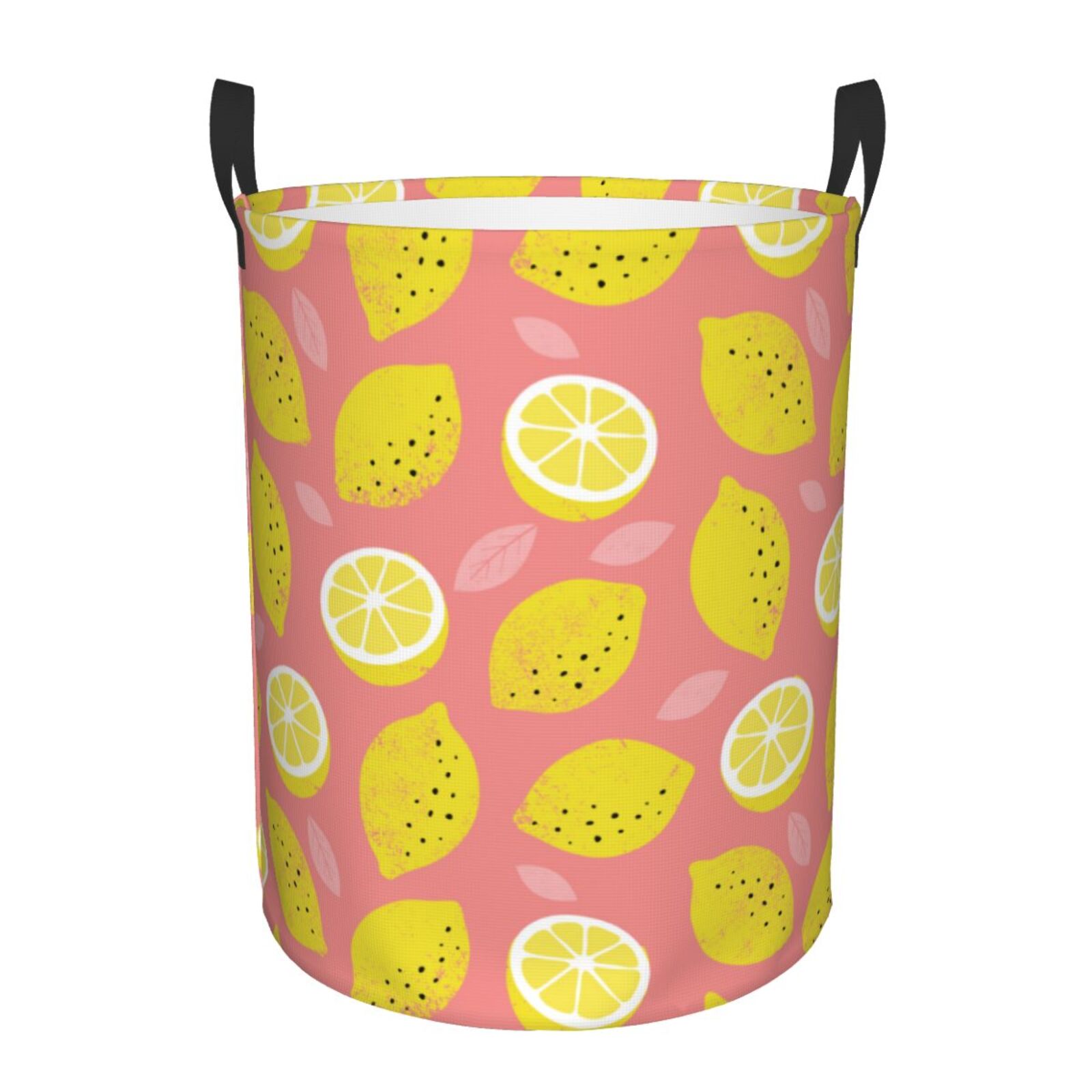 Large Laundry Basket with Handles - Cute Lemon Pink Leaves Kids Baby Dirty Clothes Laundry Hamper for Bedroom Aesthetic