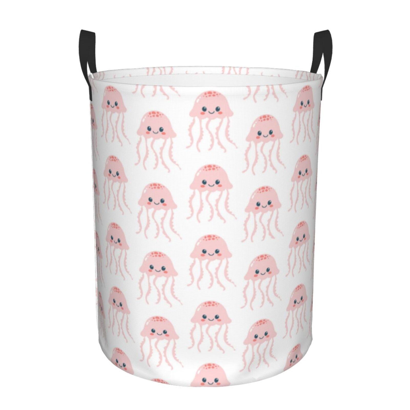 Large Laundry Basket with Handles - Cute Light Pink Jellyfish Kids Baby Dirty Clothes Laundry Hamper for Bedroom Aesthetic