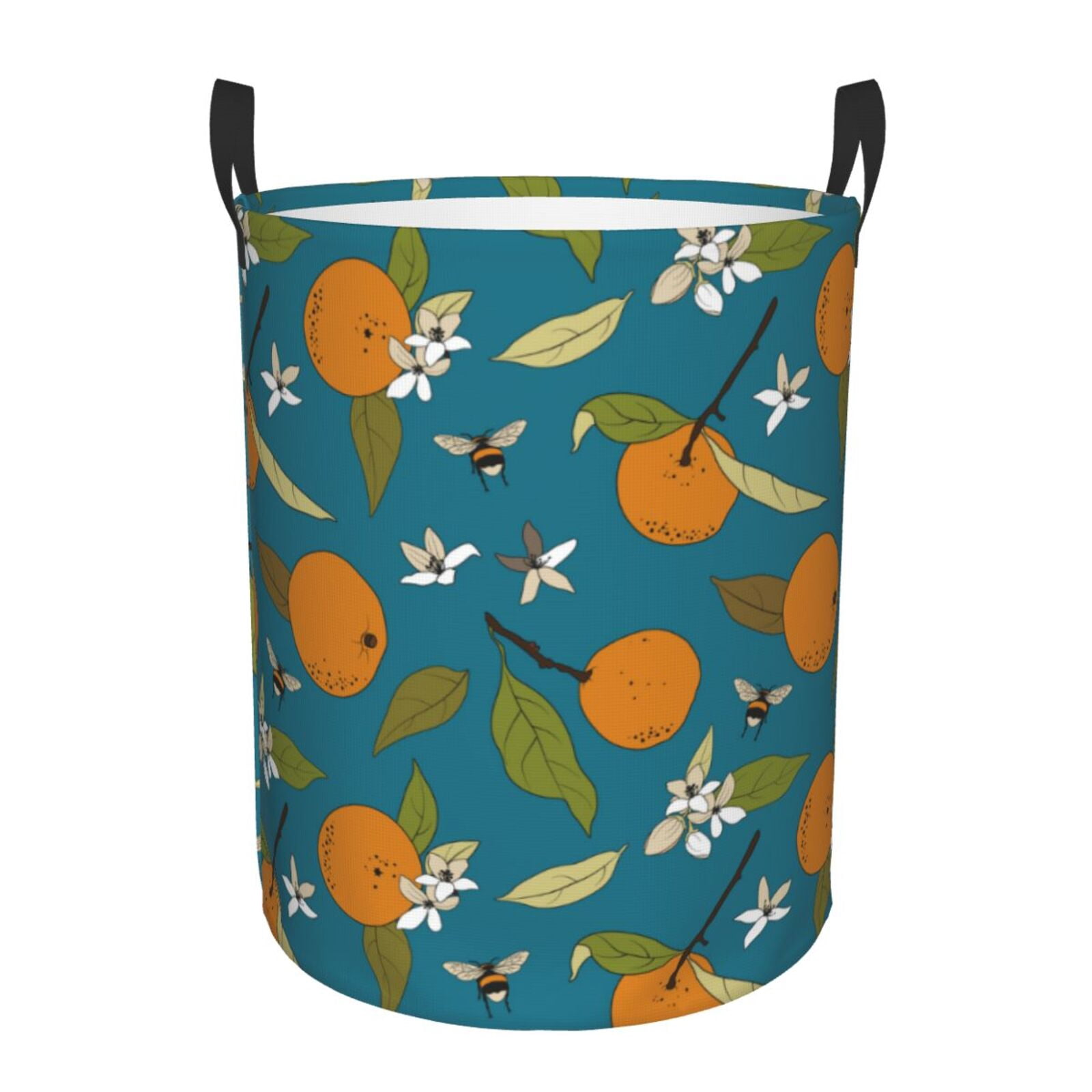 Large Laundry Basket with Handles - Cute Orange Bee Flower Leaves Kids Baby Dirty Clothes Laundry Hamper for Bedroom Aesthetic