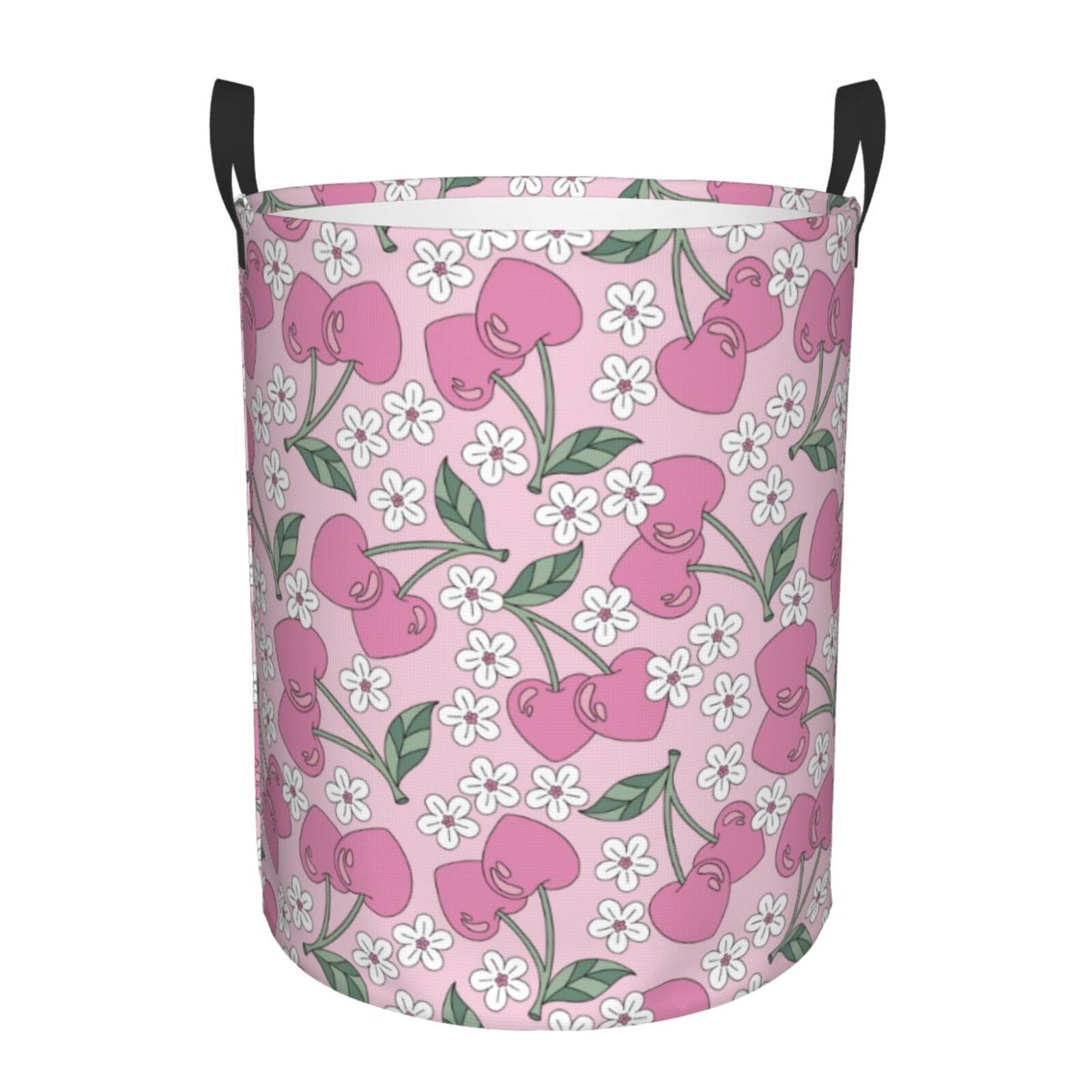 Large Laundry Basket with Handles - Cute Pink Berry Flower Leaves Kids Baby Dirty Clothes Laundry Hamper for Bedroom Aesthetic