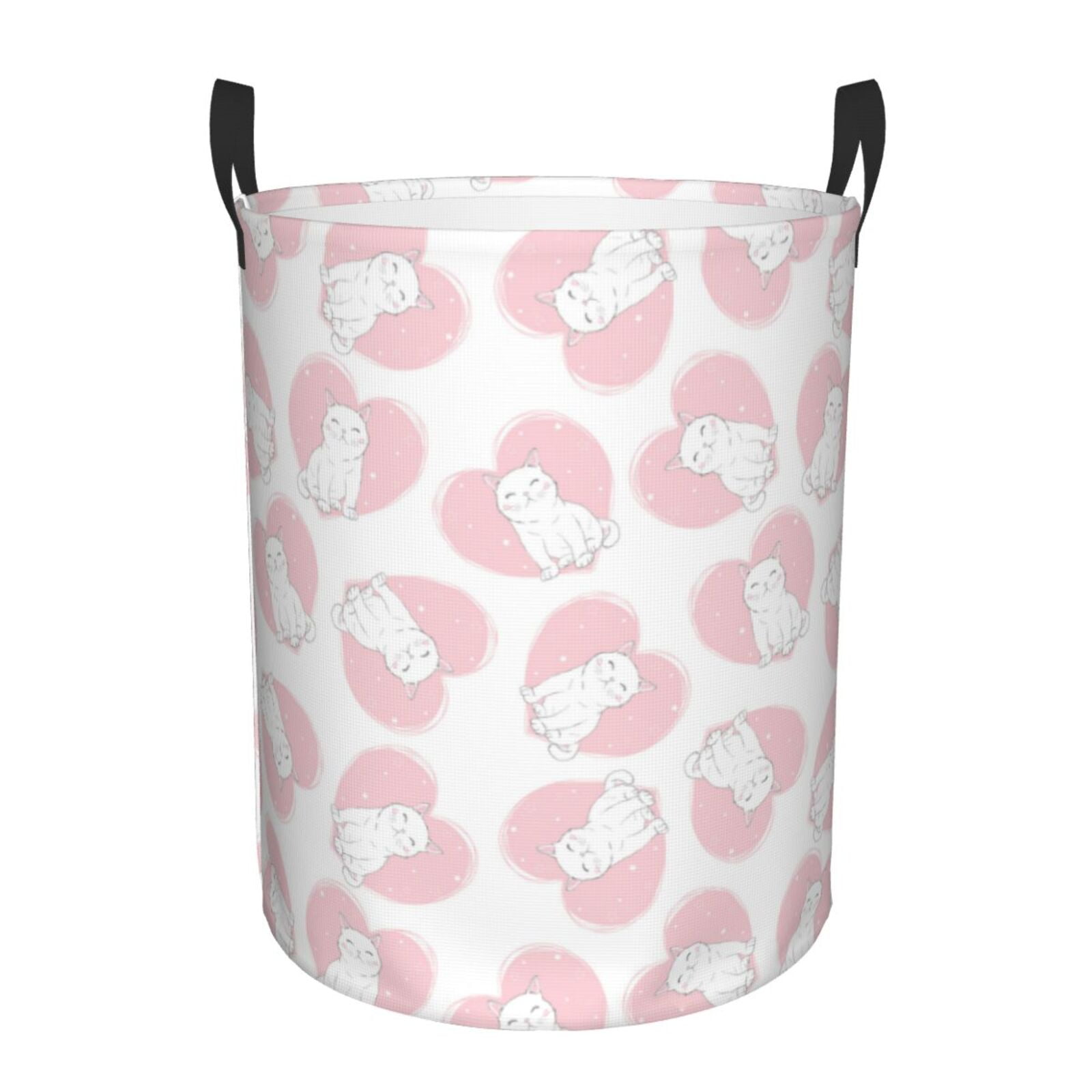 Large Laundry Basket with Handles - Cute Pink Loving Cartoon Cat Kids Baby Dirty Clothes Laundry Hamper for Bedroom Aesthetic