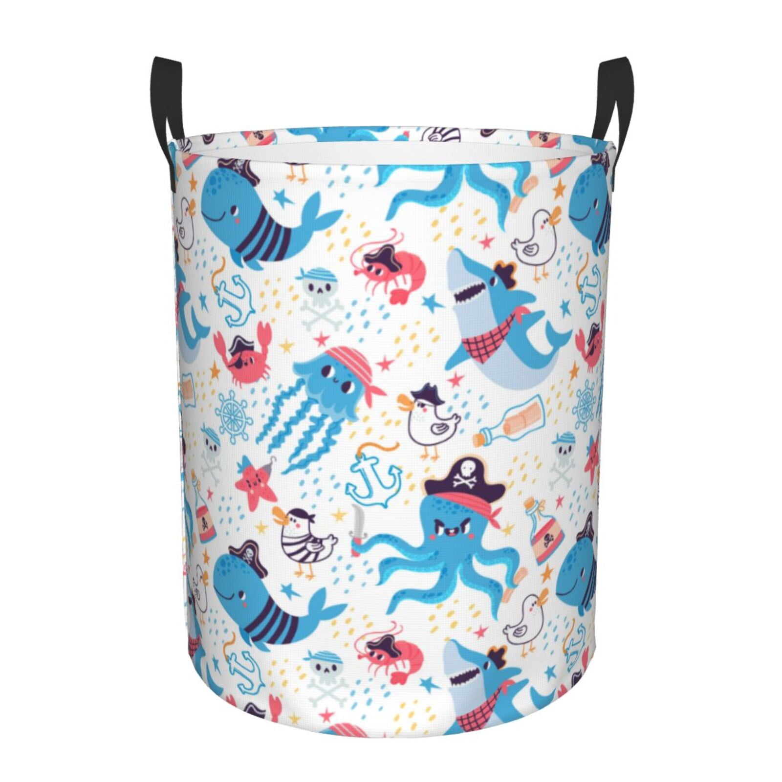 Large Laundry Basket with Handles - Cute Pirate Shark Whale Octopus Kids Baby Dirty Clothes Laundry Hamper for Bedroom Aesthetic