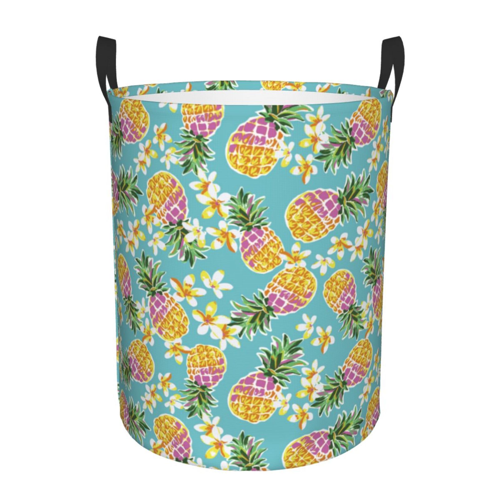 Large Laundry Basket with Handles - Cute Purple Pineapple Flower Kids Baby Dirty Clothes Laundry Hamper for Bedroom Aesthetic