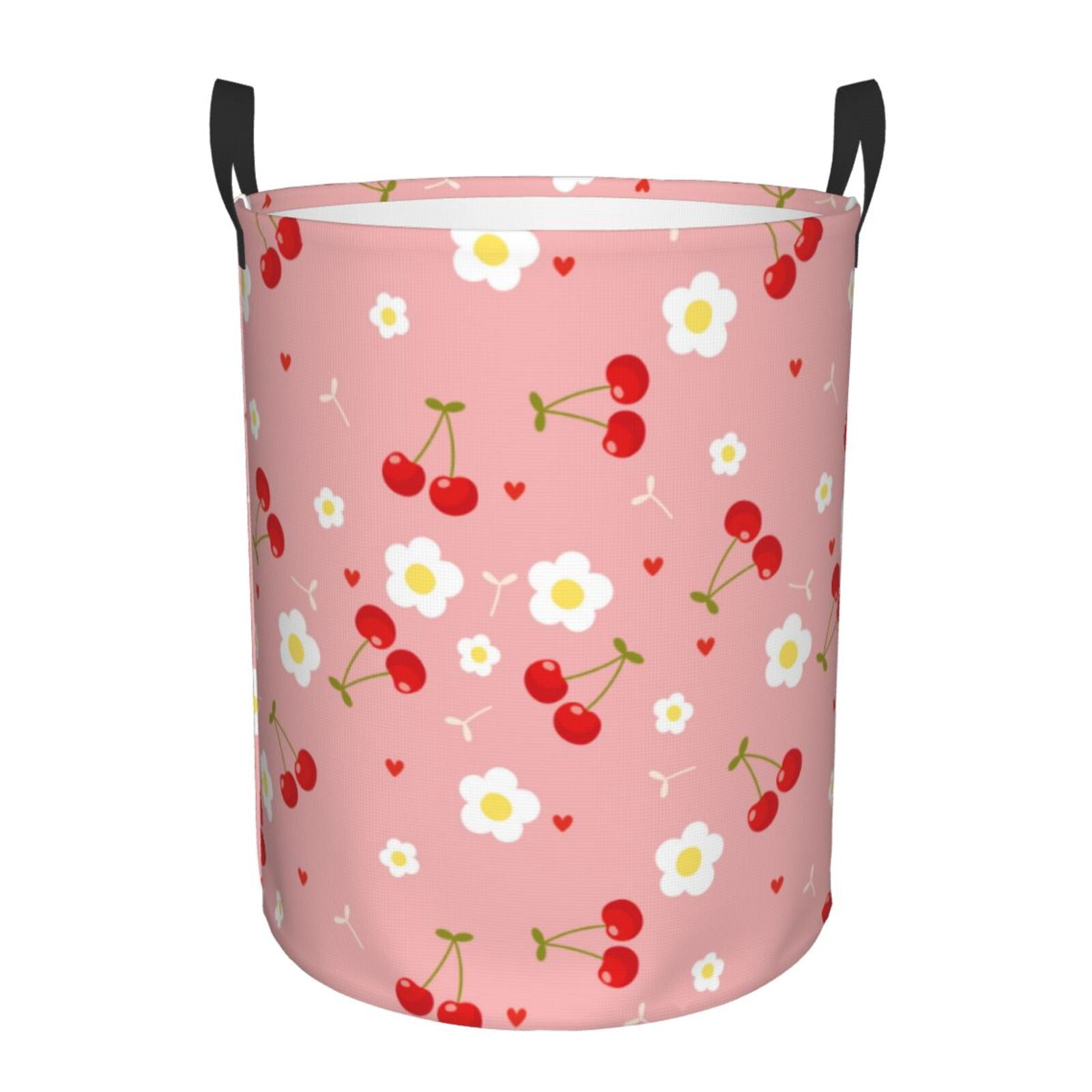 Large Laundry Basket with Handles - Cute Red Berry Flower Love Pink Kids Baby Dirty Clothes Laundry Hamper for Bedroom Aesthetic
