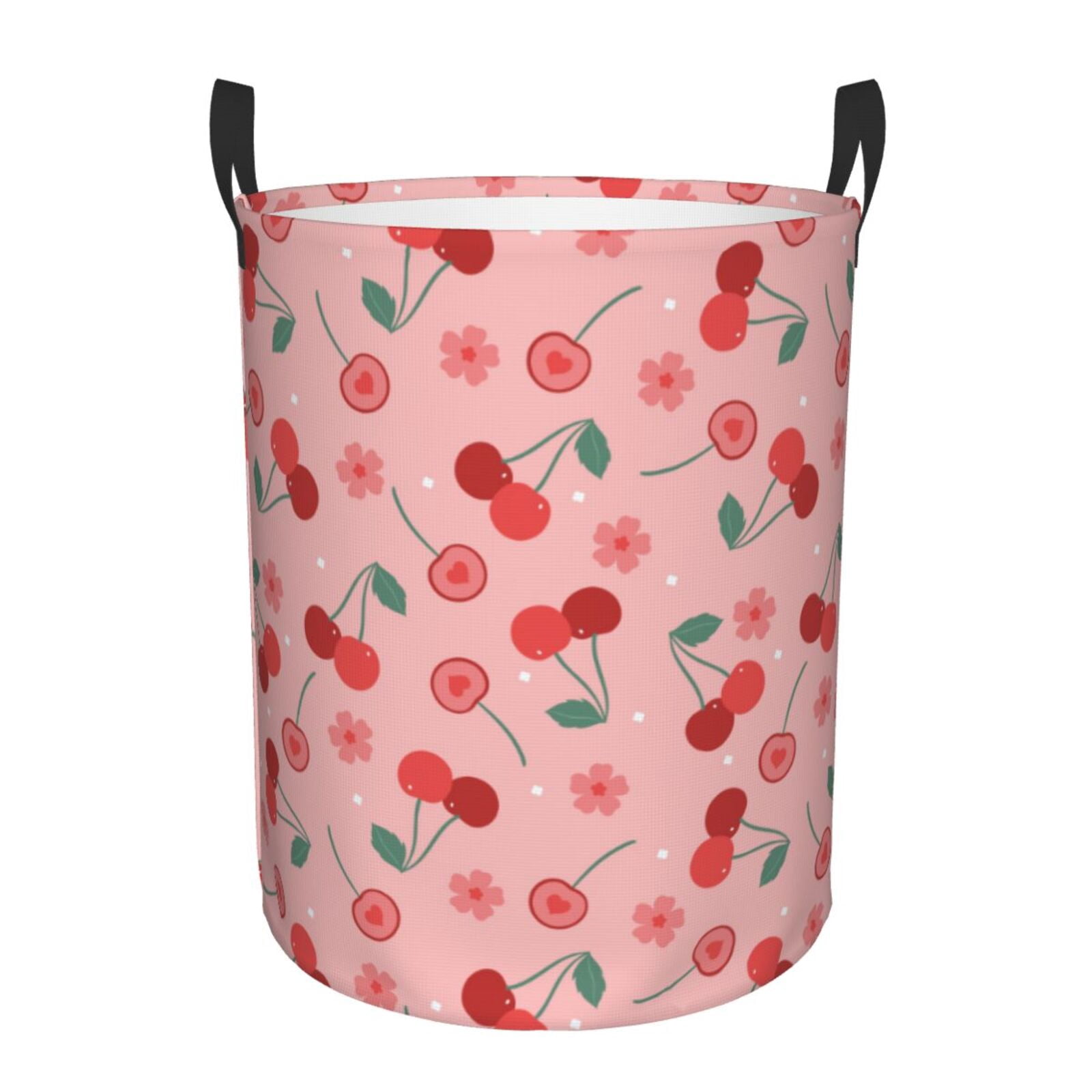 Large Laundry Basket with Handles - Cute Red Love Berry Pink Flowers Kids Baby Dirty Clothes Laundry Hamper for Bedroom Aesthetic