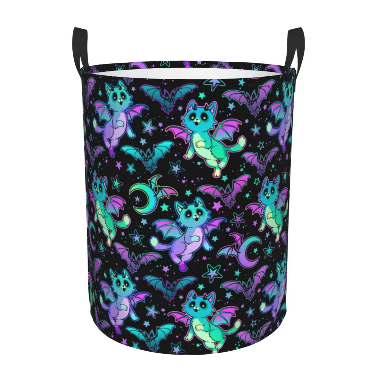 Large Laundry Basket with Handles - Cute winged fantasy cats bats Kids Baby Dirty Clothes Laundry Hamper for Bedroom Aesthetic
