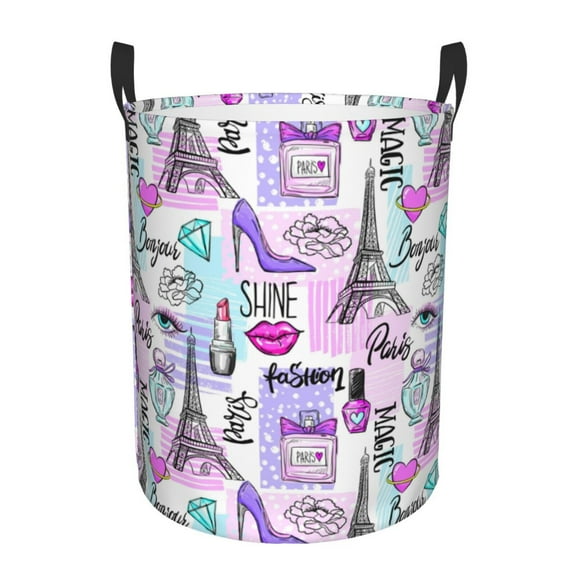Large Laundry Basket with Handles - Eiffel Tower and Hearts Kids Baby Dirty Clothes Laundry Hamper for Bedroom Aesthetic