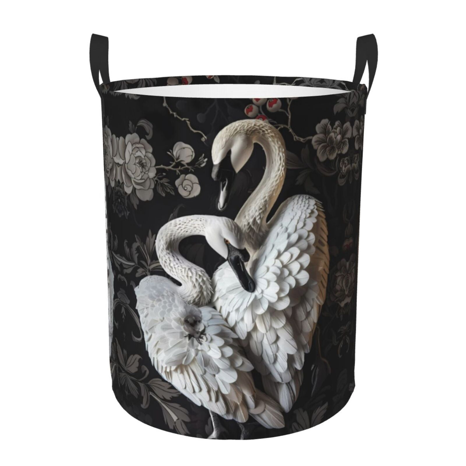 Large Laundry Basket with Handles - Elegant Swans Black Background Kids Baby Dirty Clothes Laundry Hamper for Bedroom Aesthetic