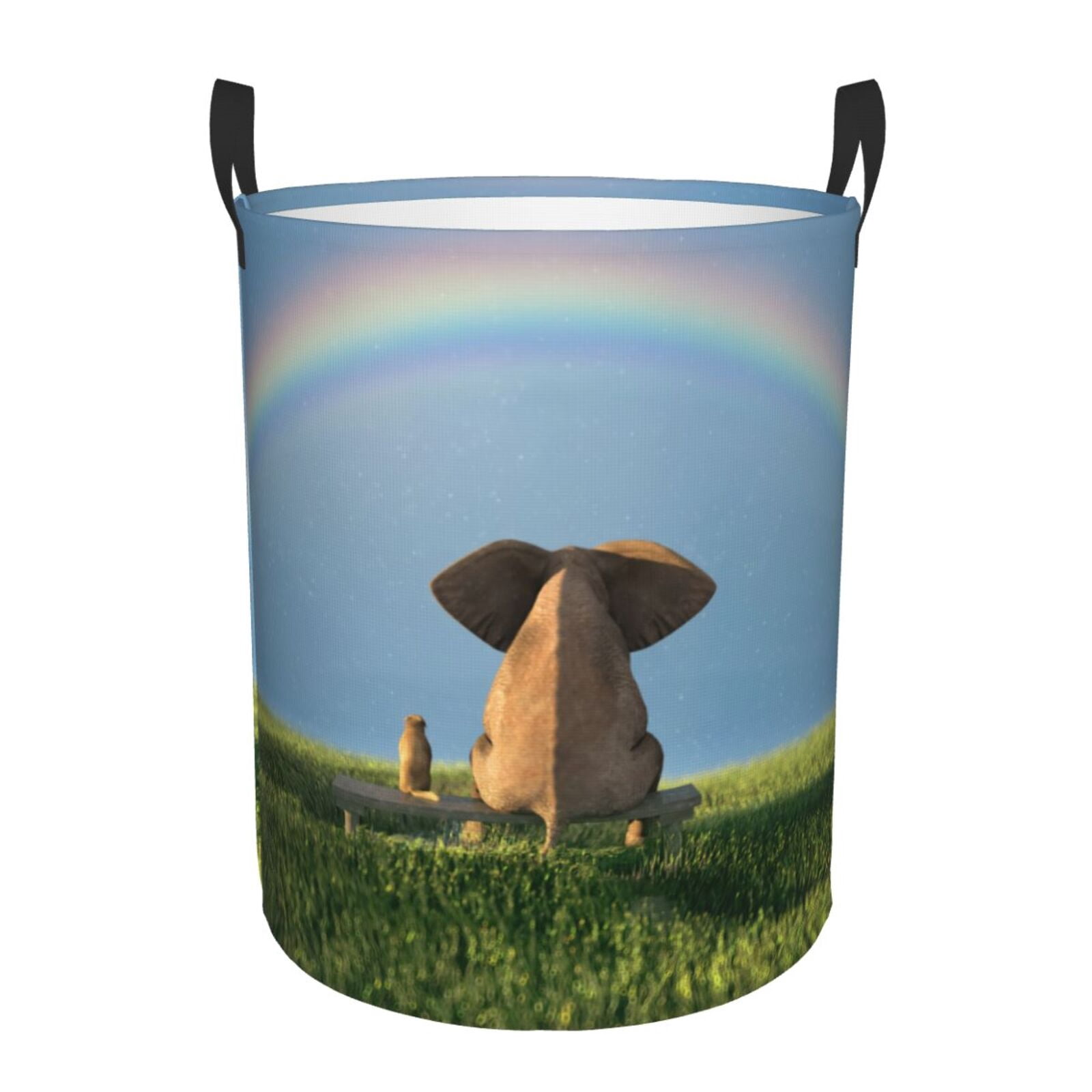 Large Laundry Basket with Handles - Elephant Dog Sitting Under The Rainbow Kids Baby Dirty Clothes Laundry Hamper for Bedroom Aesthetic