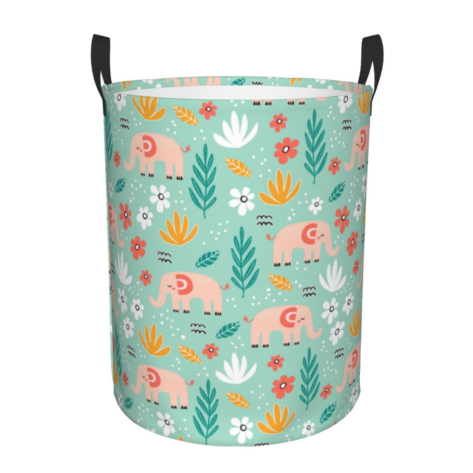 Large Laundry Basket with Handles - Elephant and Flowers Kids Baby Dirty Clothes Laundry Hamper for Bedroom Aesthetic
