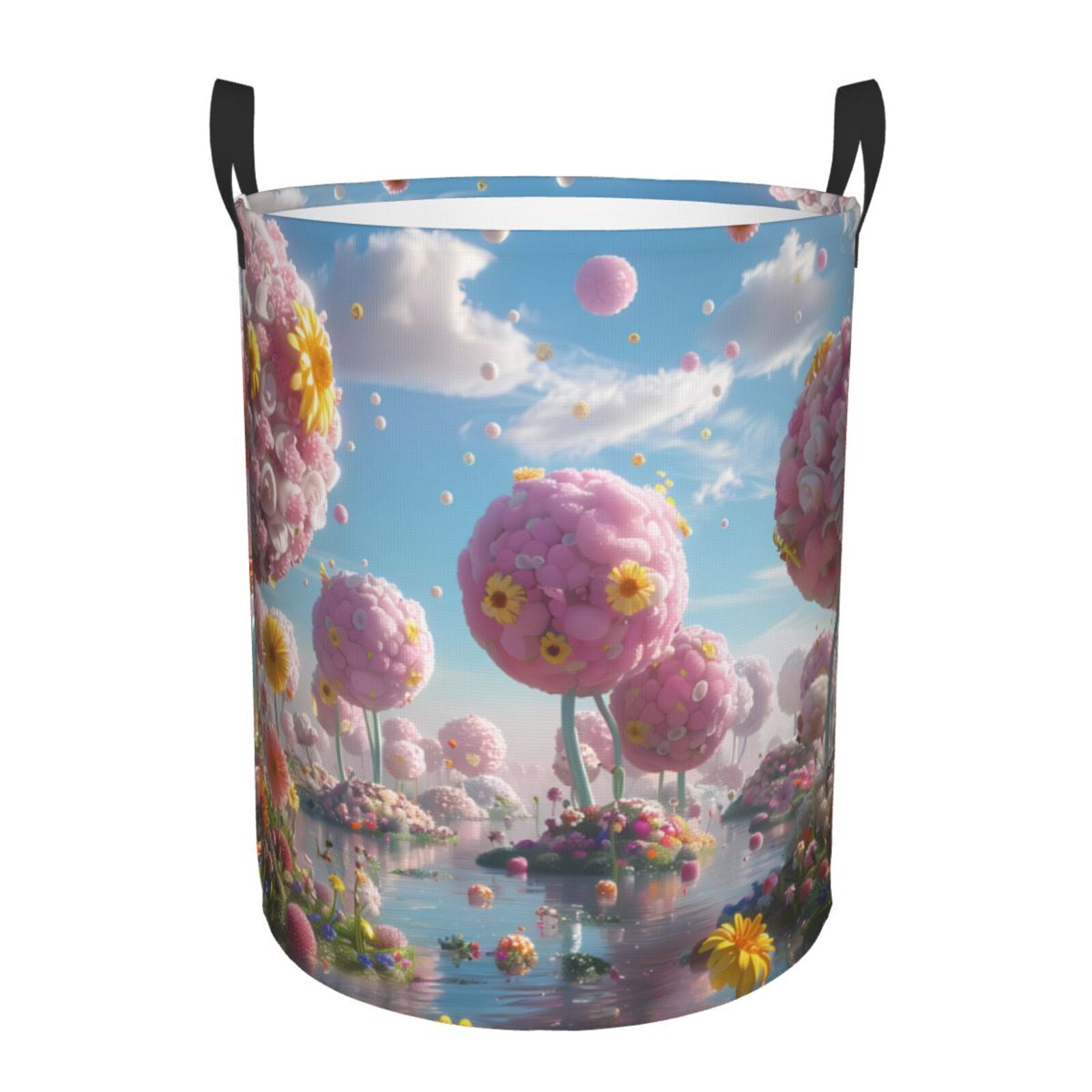 Large Laundry Basket with Handles - Fantasy Floral Pink Landscape Kids Baby Dirty Clothes Laundry Hamper for Bedroom Aesthetic