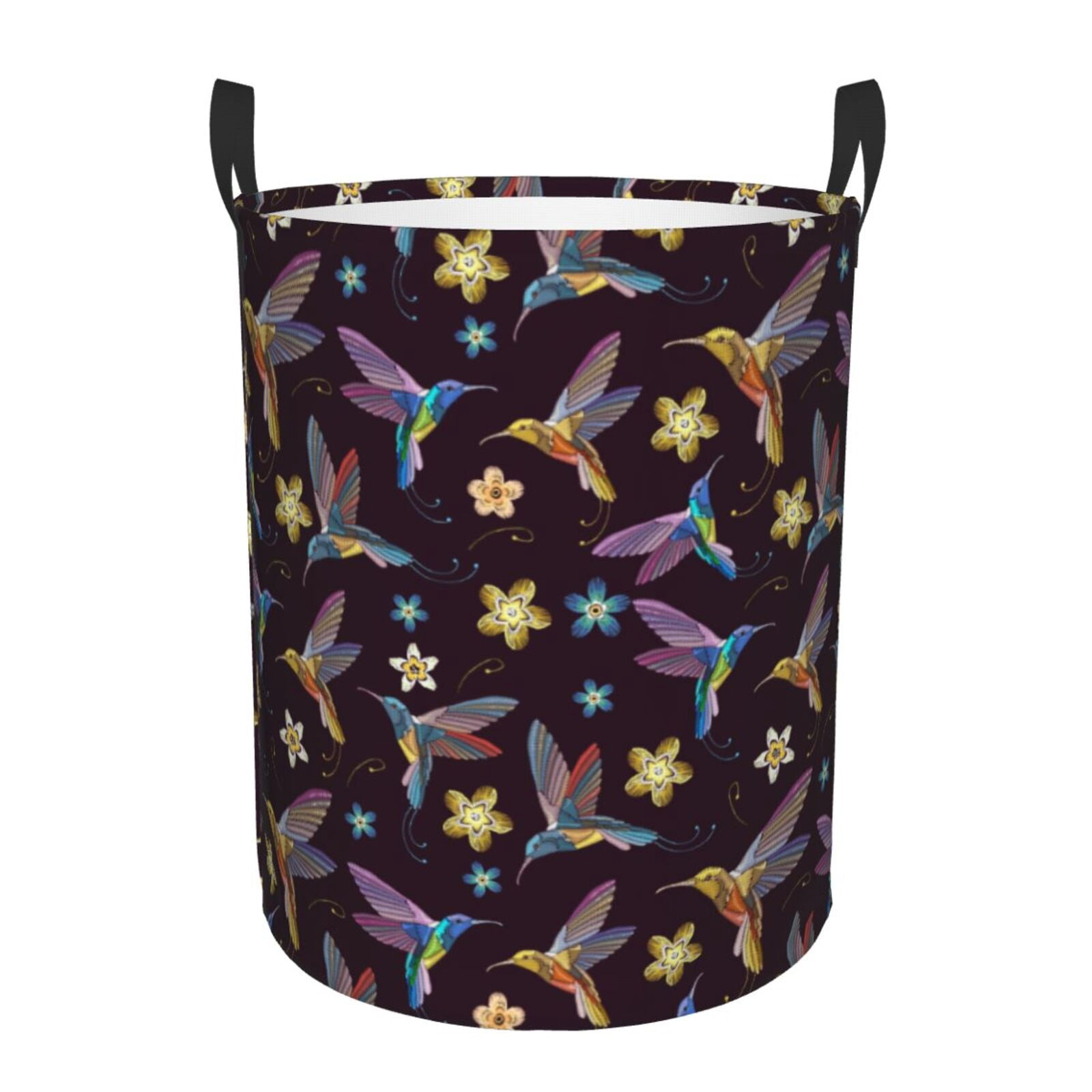 Large Laundry Basket with Handles - Floral Hummingbird Print Black Kids Baby Dirty Clothes Laundry Hamper for Bedroom Aesthetic