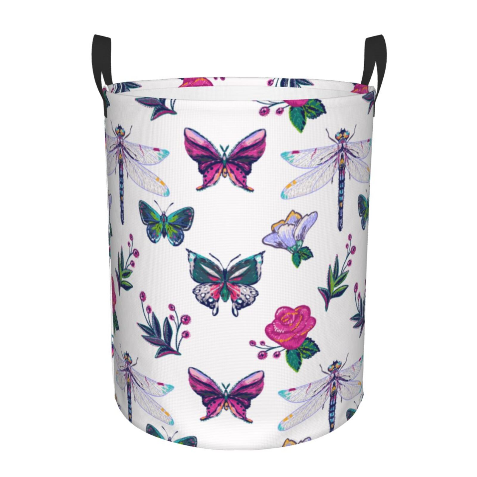 Large Laundry Basket with Handles - Flower Dragonfly Butterfly Kids Baby Dirty Clothes Laundry Hamper for Bedroom Aesthetic