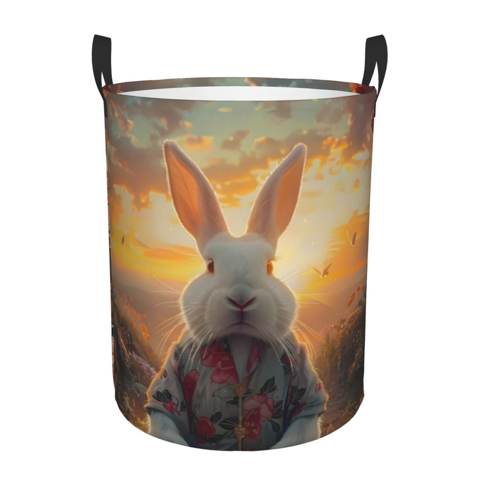 Large Laundry Basket with Handles - Flower Meditating Rabbit Kids Baby Dirty Clothes Laundry Hamper for Bedroom Aesthetic