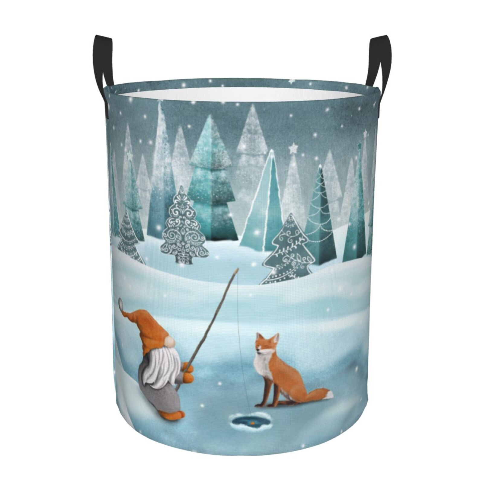Large Laundry Basket with Handles - Gnome And Red Fox Fishing Kids Baby Dirty Clothes Laundry Hamper for Bedroom Aesthetic