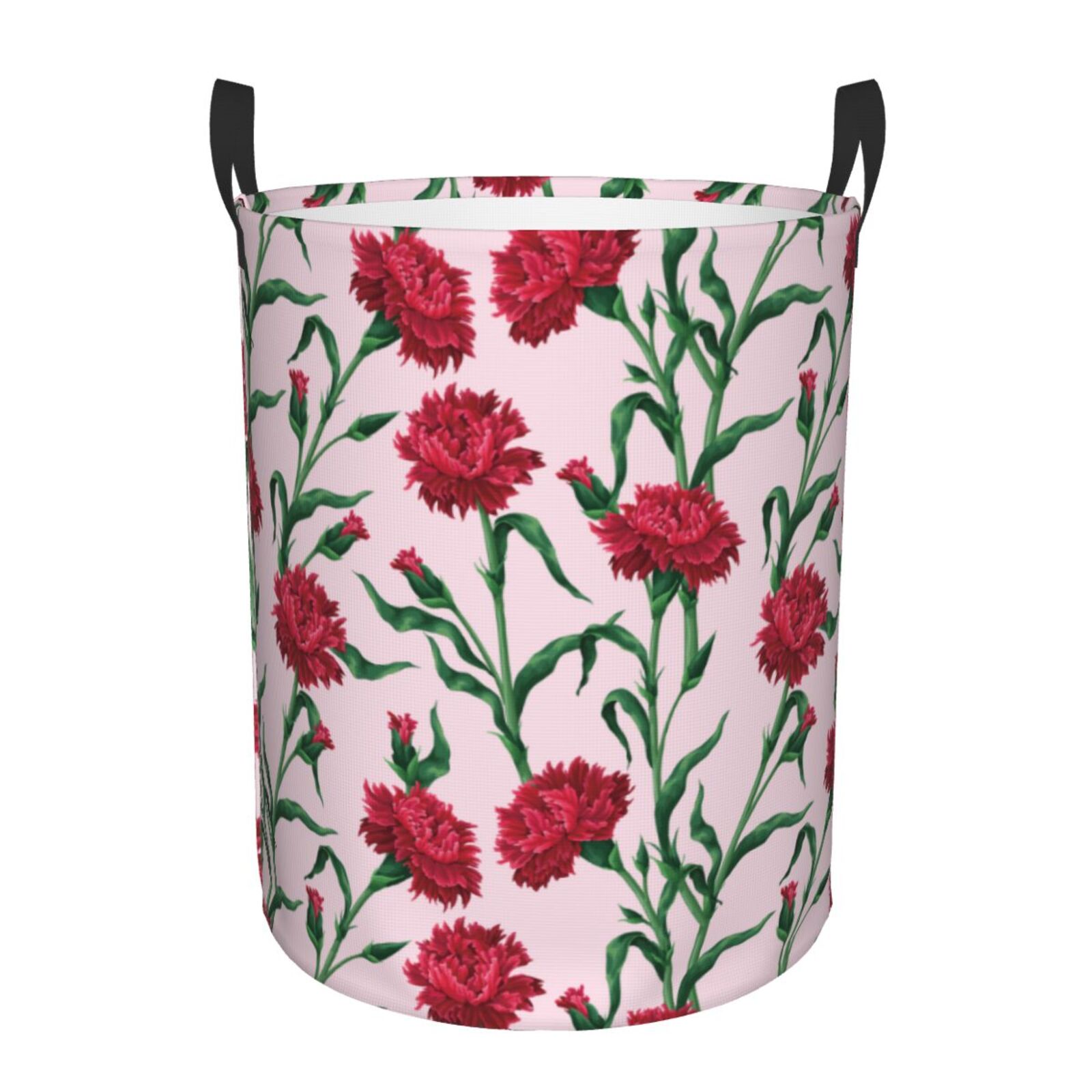 Large Laundry Basket with Handles - Green Leaves Carnations Flowers Kids Baby Dirty Clothes Laundry Hamper for Bedroom Aesthetic
