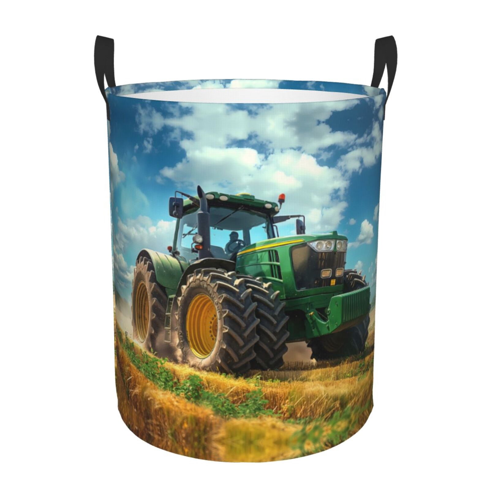 Large Laundry Basket with Handles - Green Tractor Field Kids Baby Dirty Clothes Laundry Hamper for Bedroom Aesthetic