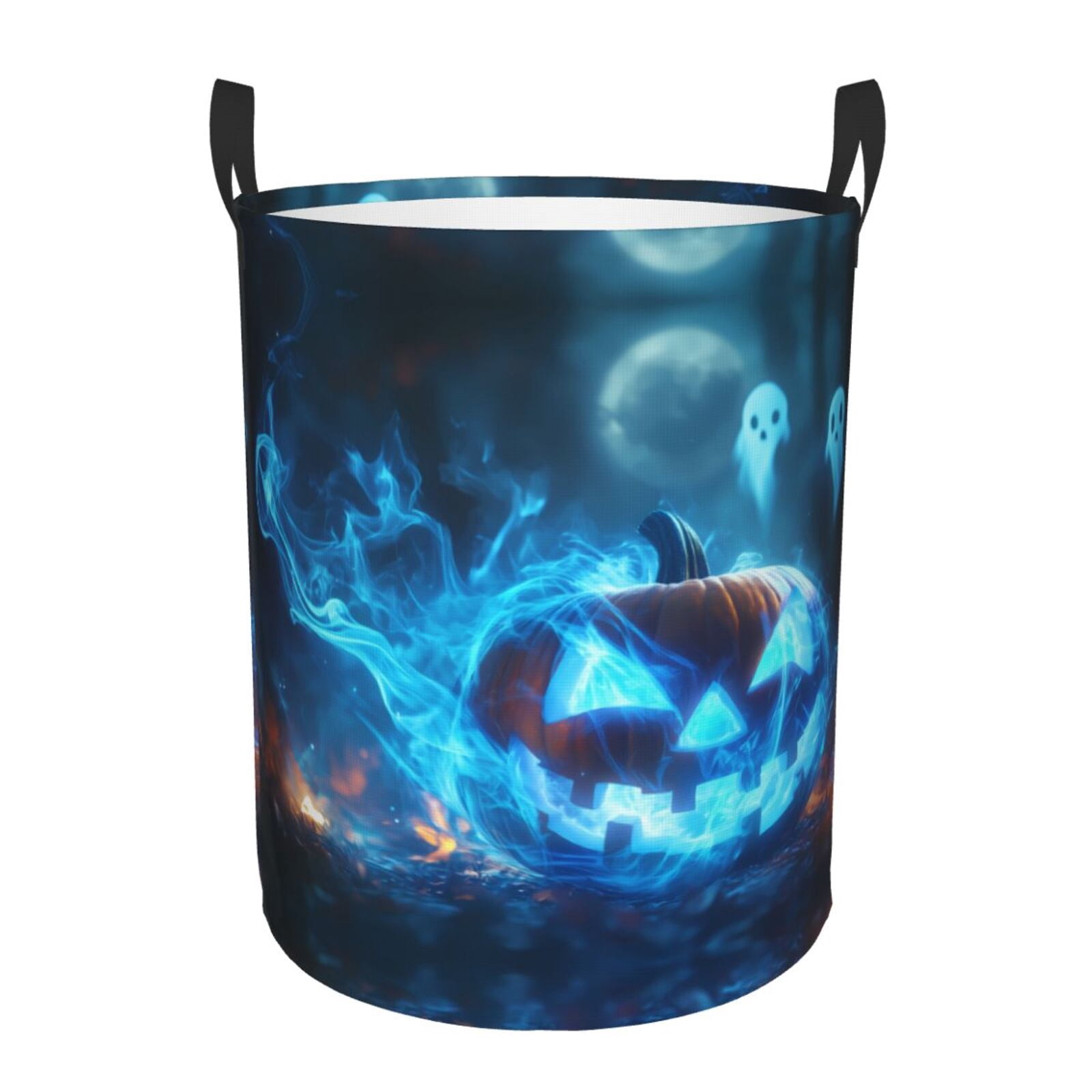 Large Laundry Basket with Handles - Halloween Blue Flame Pumpkin Ghost Kids Baby Dirty Clothes Laundry Hamper for Bedroom Aesthetic
