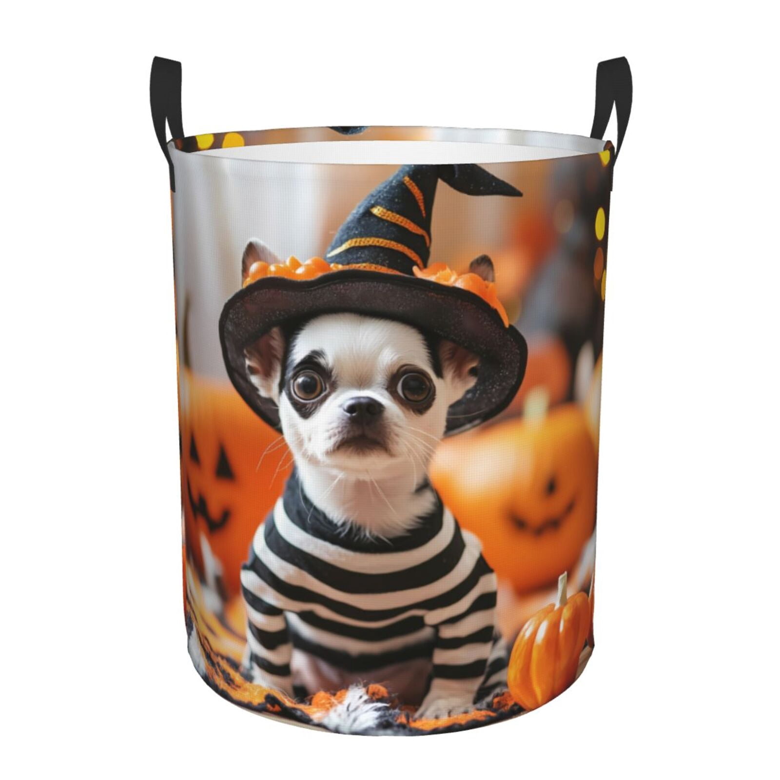 Large Laundry Basket with Handles - Halloween Cute Dog Witch Hat Kids Baby Dirty Clothes Laundry Hamper for Bedroom Aesthetic