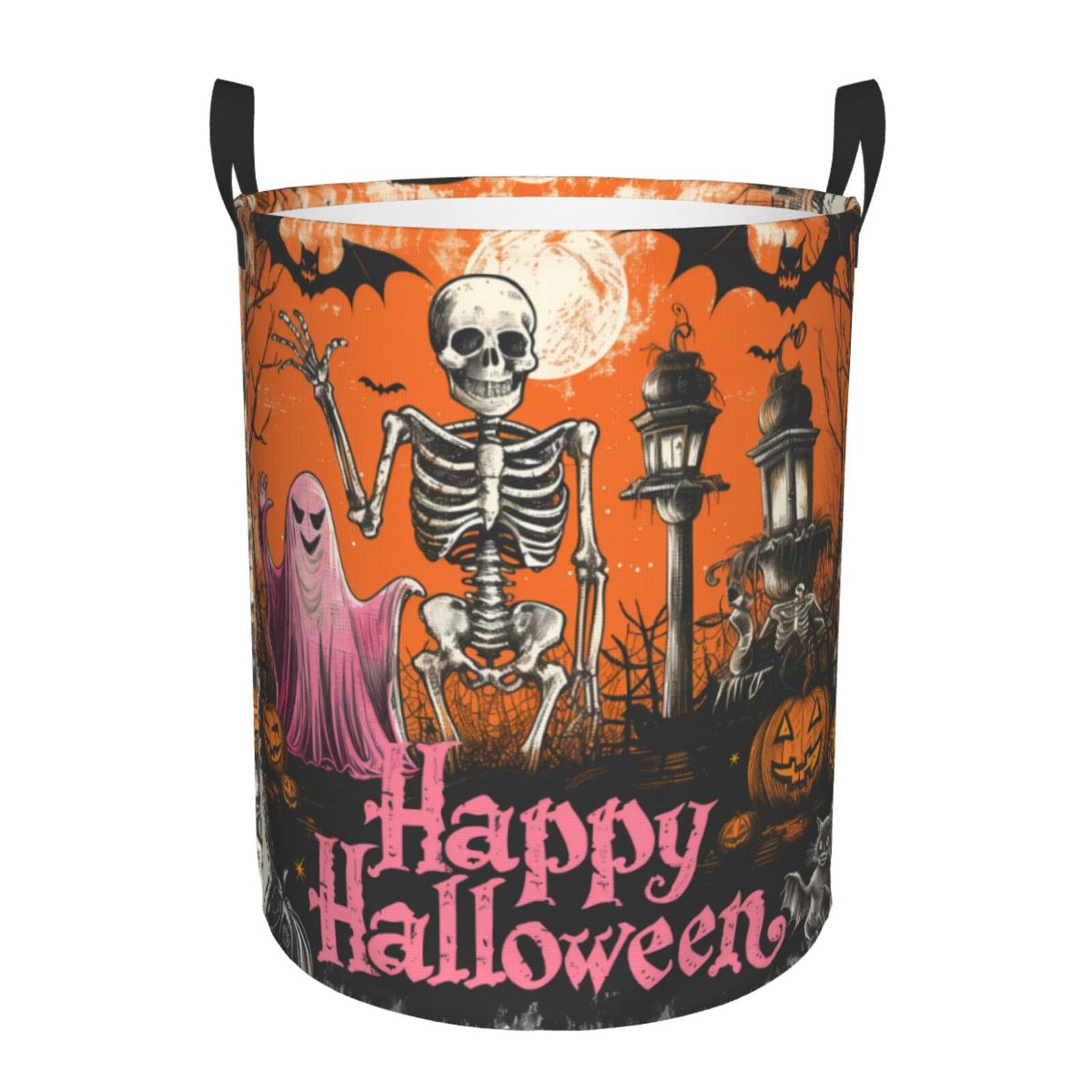 Large Laundry Basket with Handles - Halloween Happy Skull Pink Ghost Kids Baby Dirty Clothes Laundry Hamper for Bedroom Aesthetic