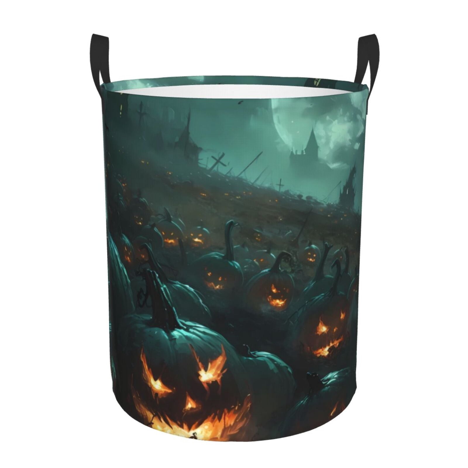 Large Laundry Basket with Handles - Halloween Night Sky Pumpkin Field Kids Baby Dirty Clothes Laundry Hamper for Bedroom Aesthetic