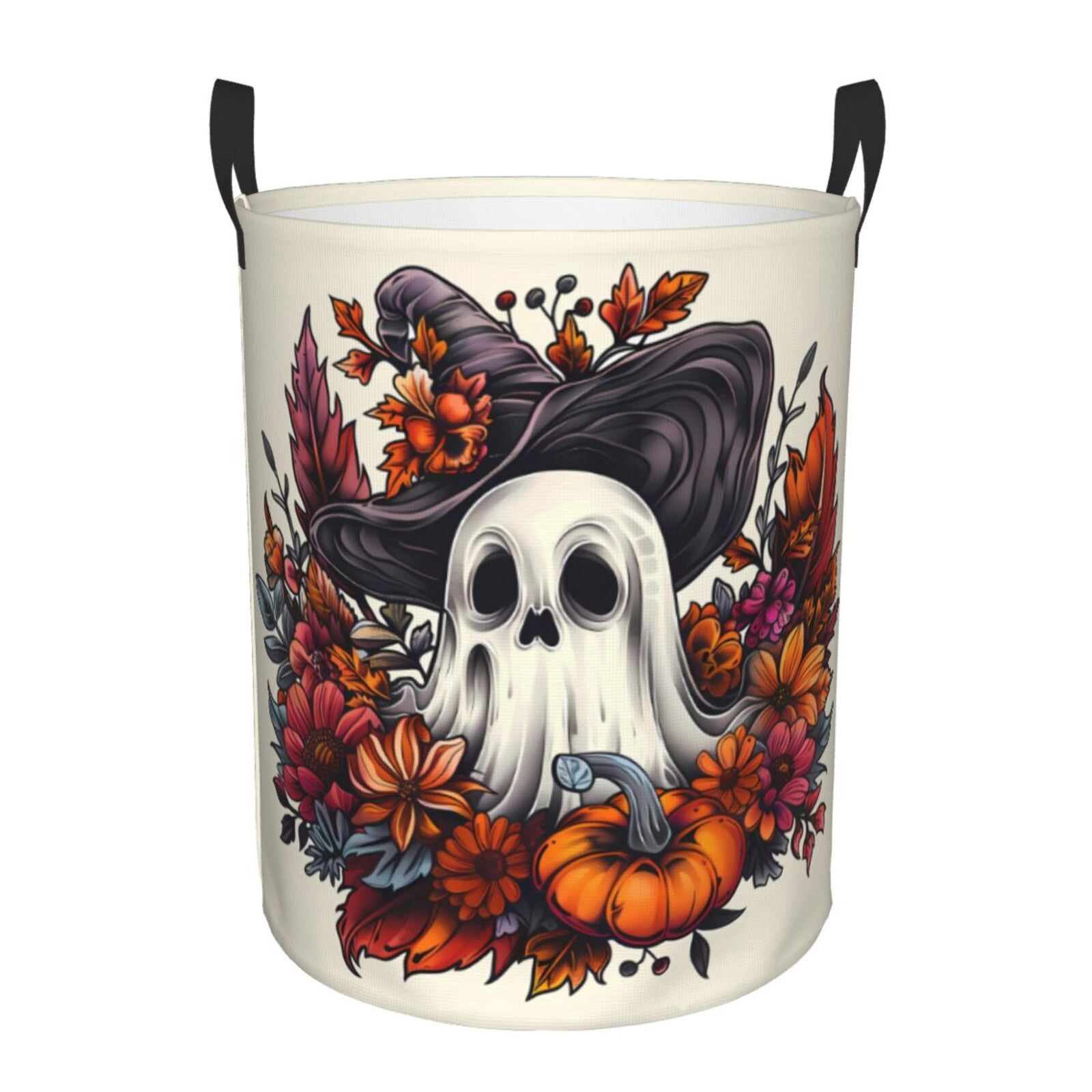 Large Laundry Basket with Handles - Halloween Pumpkin Flower Ghost Kids Baby Dirty Clothes Laundry Hamper for Bedroom Aesthetic