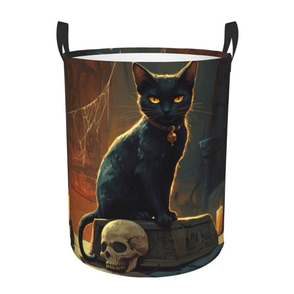 Large Laundry Basket with Handles - Halloween Skull Black Cat Vintage Kids Baby Dirty Clothes Laundry Hamper for Bedroom Aesthetic