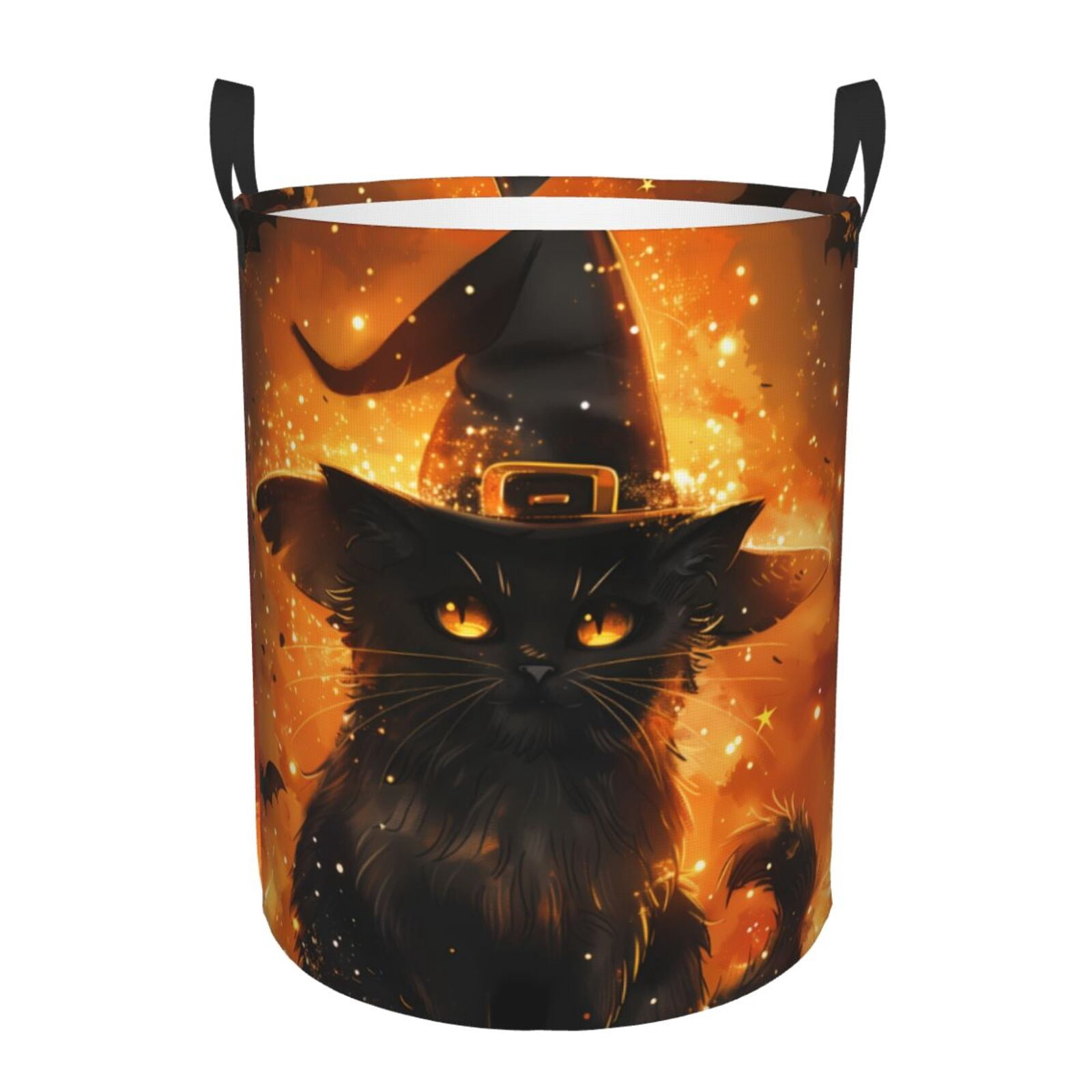 Large Laundry Basket with Handles - Halloween Witch Hat Black Cat A Kids Baby Dirty Clothes Laundry Hamper for Bedroom Aesthetic