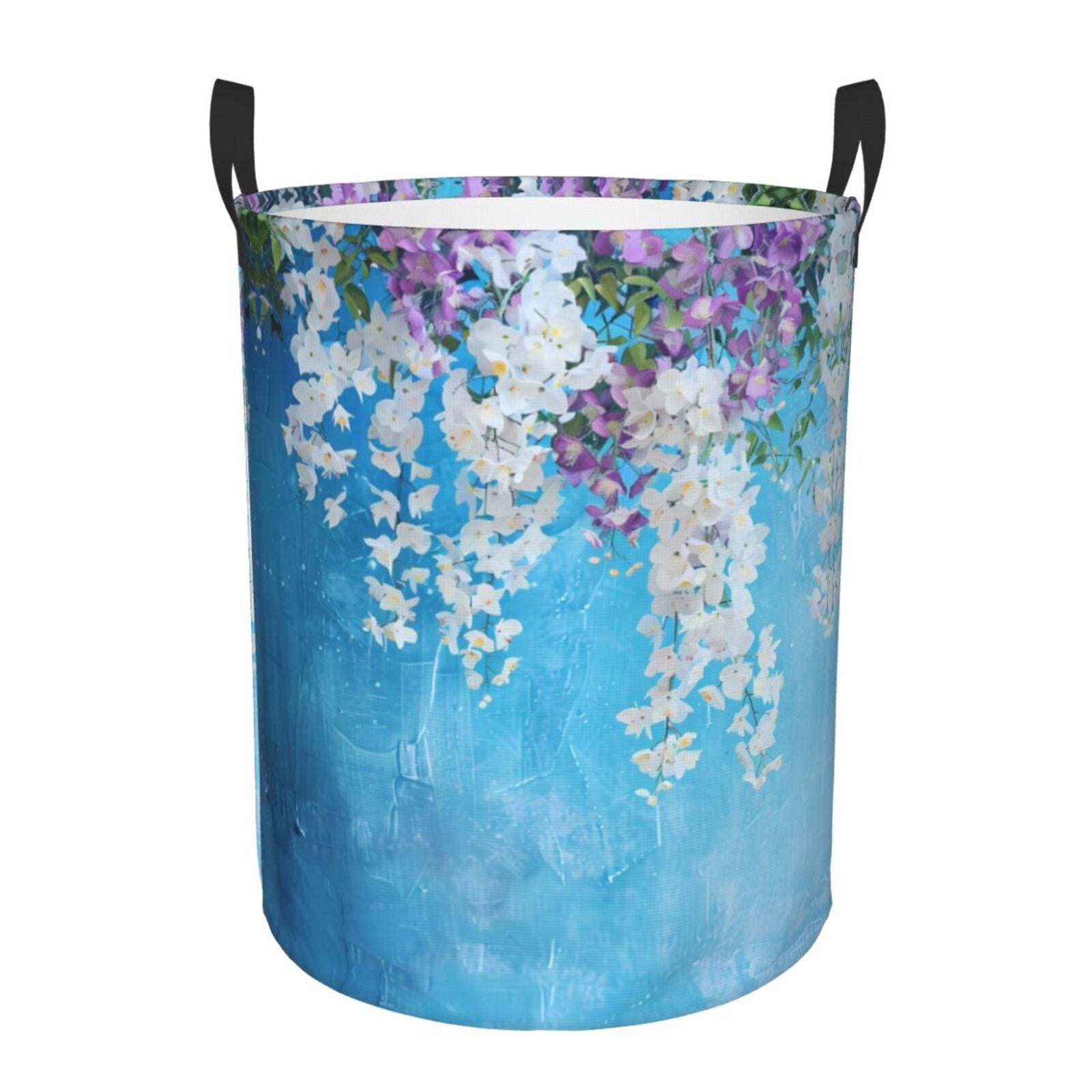 Large Laundry Basket with Handles - Hanging Orchids Floral Blue Kids Baby Dirty Clothes Laundry Hamper for Bedroom Aesthetic