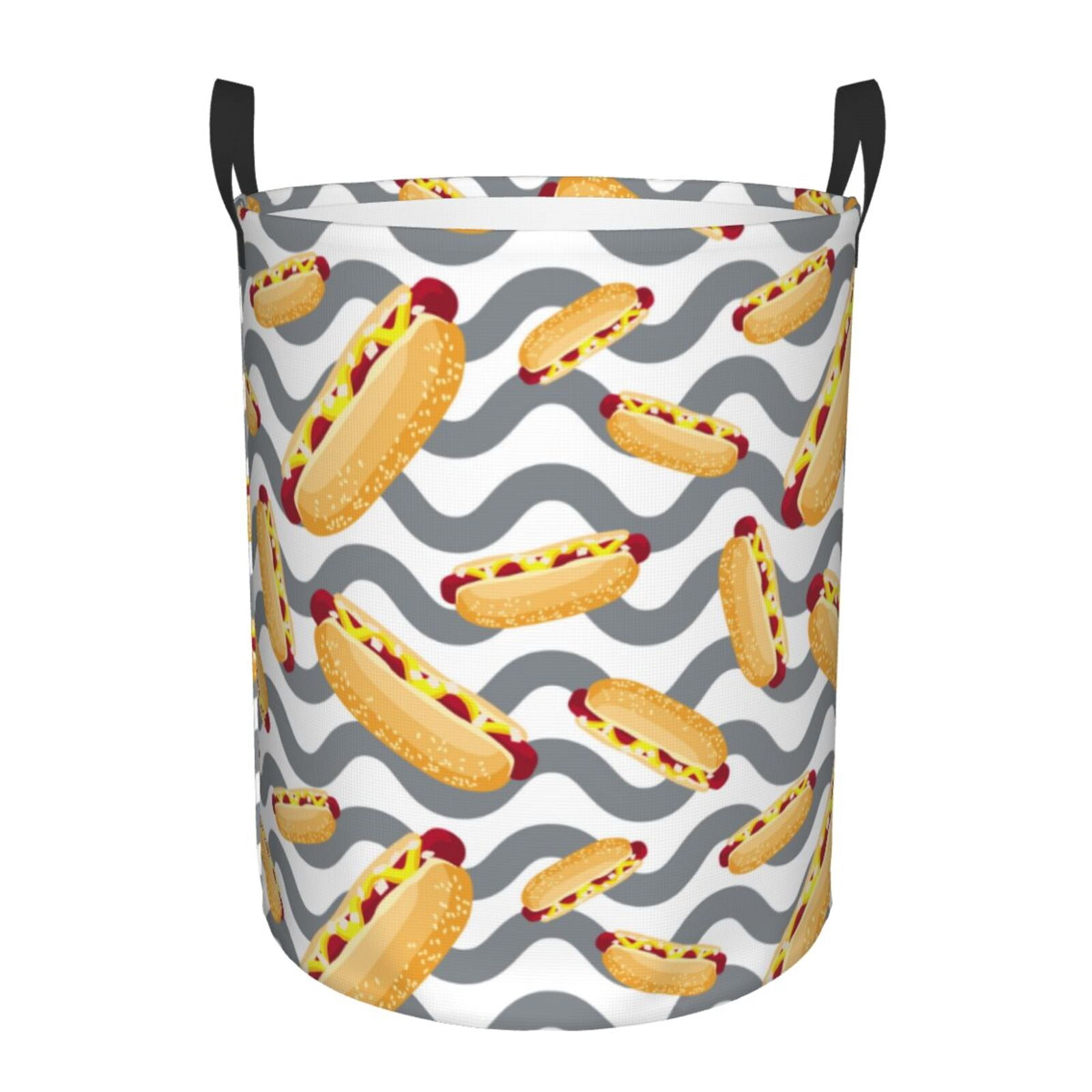 Large Laundry Basket with Handles - Hot Dog Print Wave Gray Kids Baby Dirty Clothes Laundry Hamper for Bedroom Aesthetic