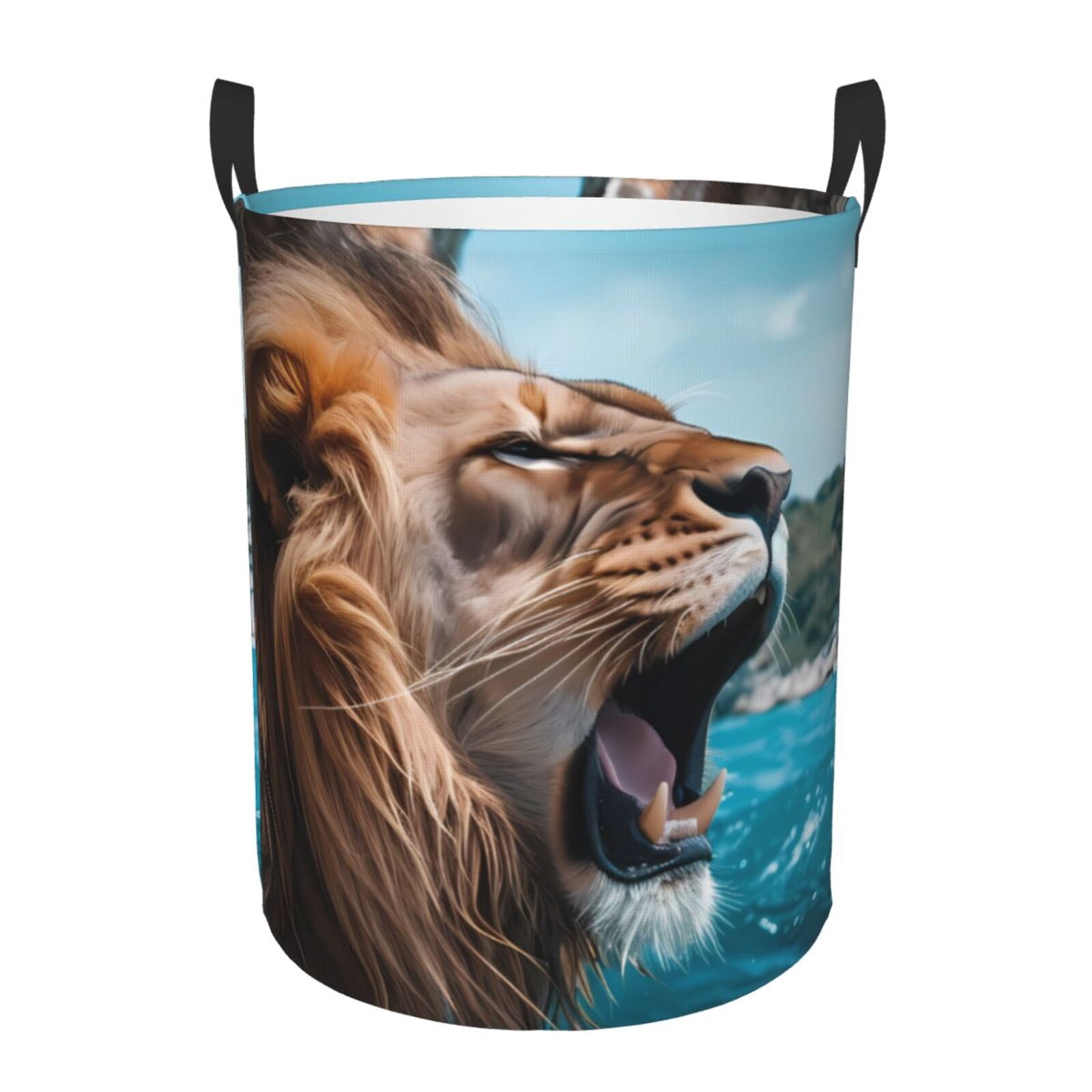 Large Laundry Basket with Handles - Ice Blue Coastal Lion Kids Baby Dirty Clothes Laundry Hamper for Bedroom Aesthetic