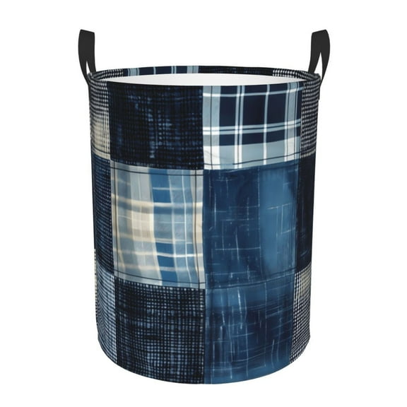 Large Laundry Basket with Handles - Indigo Patchwork Quilt Kids Baby Dirty Clothes Laundry Hamper for Bedroom Aesthetic
