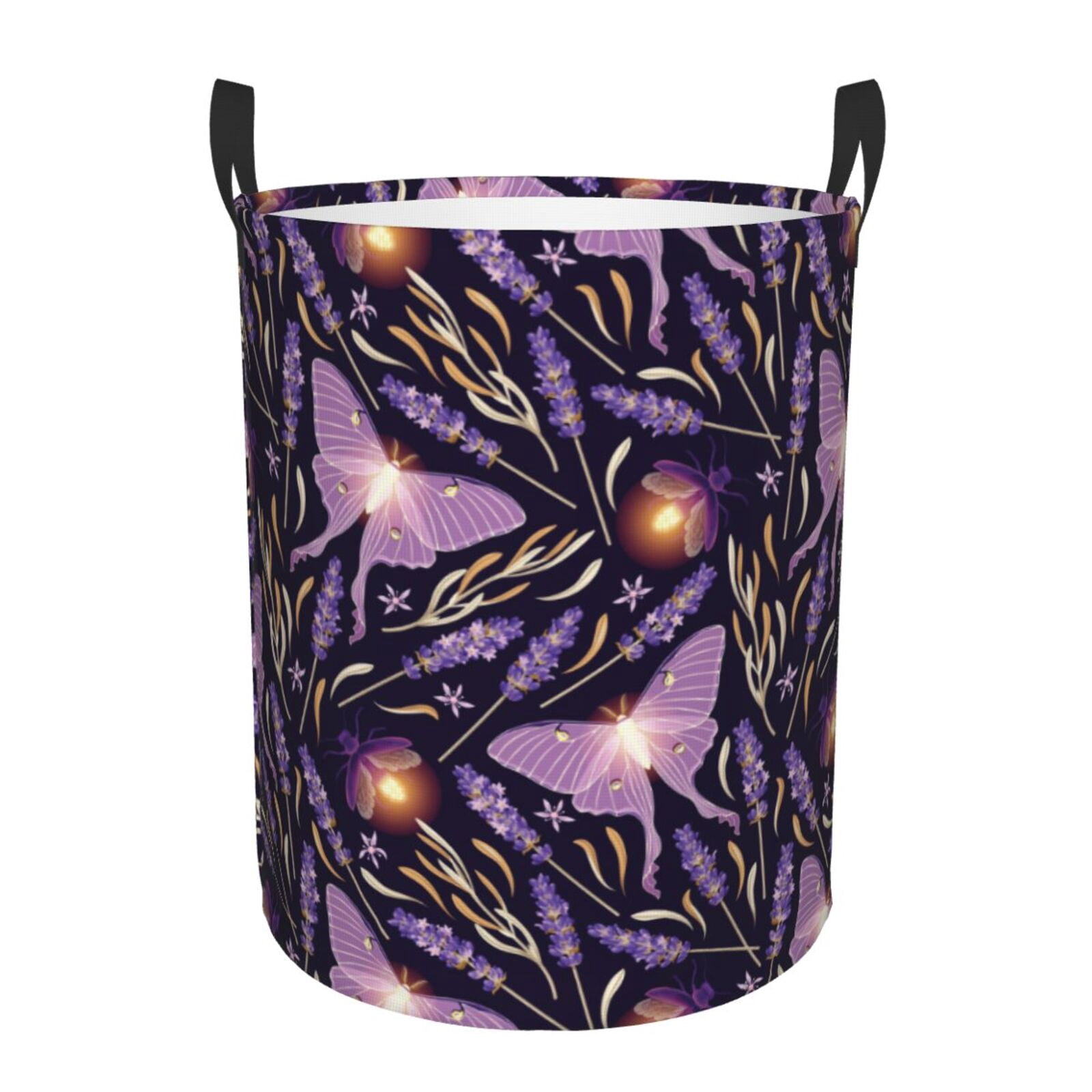Large Laundry Basket with Handles - Lavender Flowers Glowing Butterfly Kids Baby Dirty Clothes Laundry Hamper for Bedroom Aesthetic